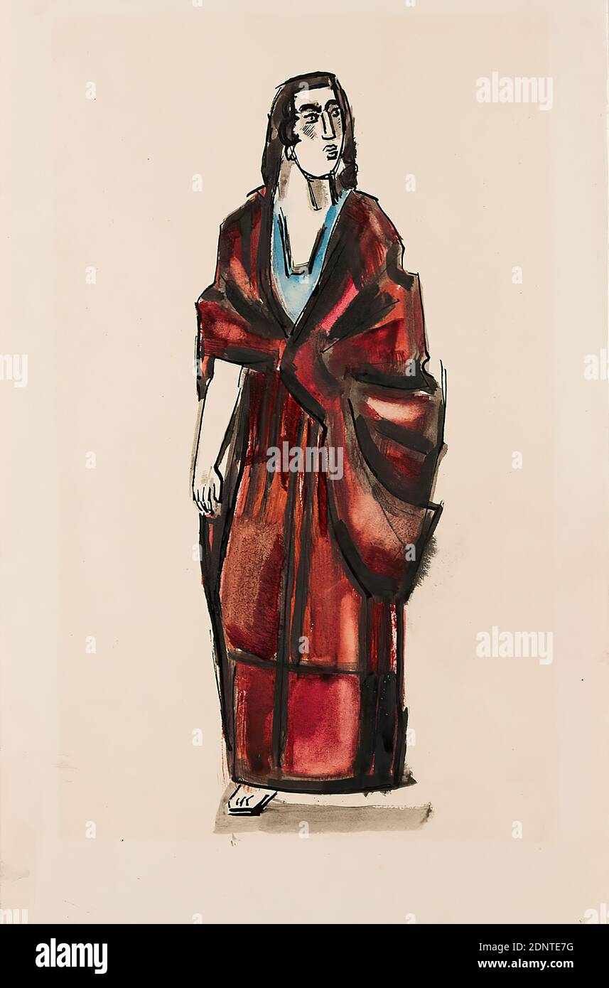 Gustav Heinrich Wolff, woman in long robe with cape, ink, cardboard, drawing technique, painting technique, ink in black, red, blue on cardboard, Total: Height: 29.8 cm; Width: 19.6 cm, monogrammed: verso: GHW, monogrammed, inscribed and dated: verso: GHW, für Max Sauerlandt, am 3. January 3, 1925, drawing, graphics, painting, woman, standing figure, jacket, cloak, cape, cape, Classic Modernism, woman in long, antique robe with cape looking to the right, inscribed by the artist on the reverse for Max Sauerlandt, on January 3, 1925 and monogrammed GHW Stock Photo