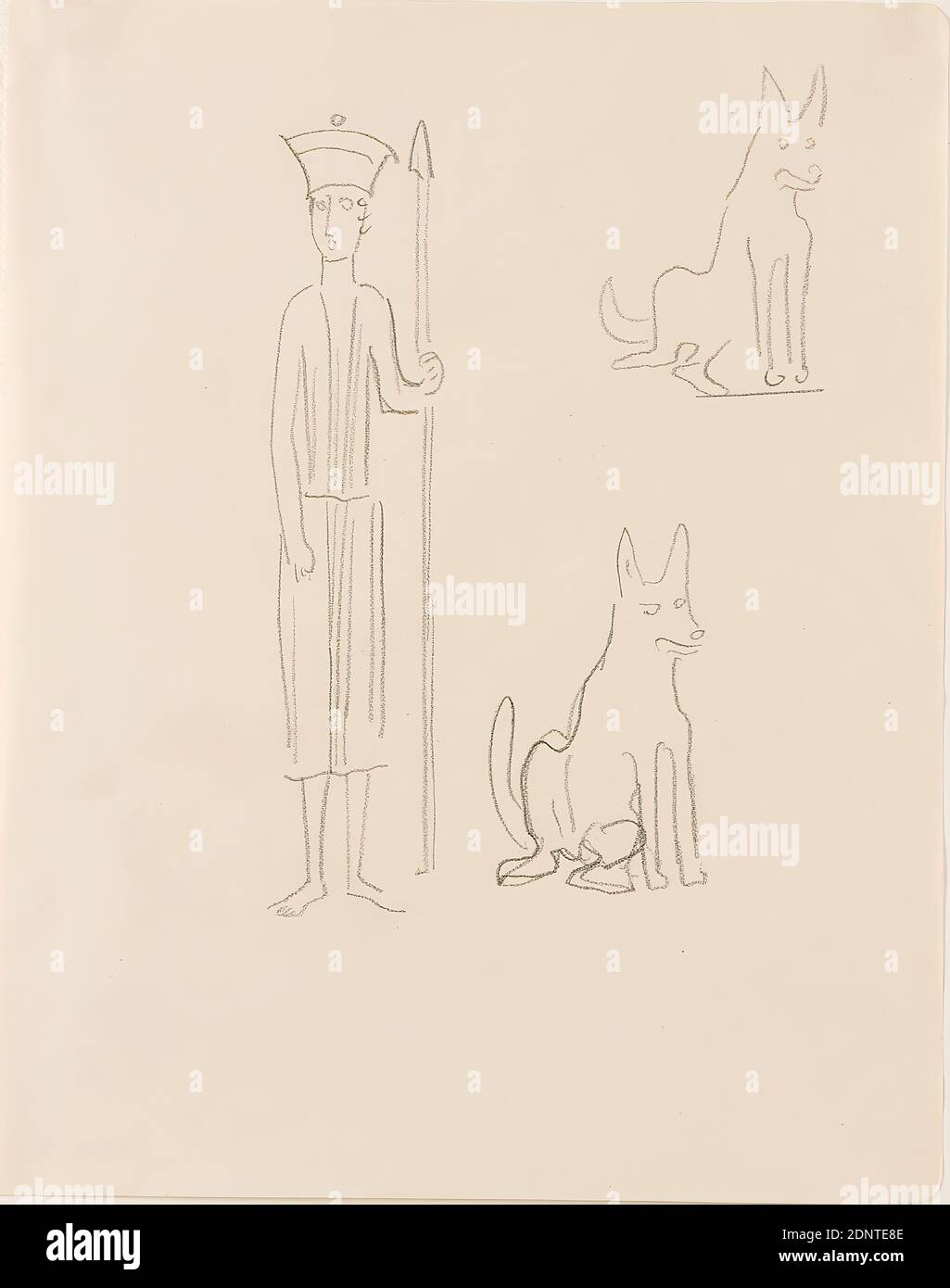 Gustav Heinrich Wolff, Sketches of a standing figure with lance and two dogs or wolves, pencil, paper, drawing, pencil on paper, Total: Height: 22,1 cm; Width: 17,2 cm, drawing, graphics, sketches, standing figure, human and animal, dog, wolf, lance, classic modernism, Three sketches on one sheet: Guardian figure with hat and lance and two sitting dogs or wolves, from the sketchbook 1925-26 Stock Photo