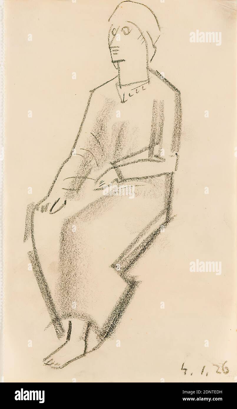 Gustav Heinrich Wolff, Sitting woman in long dress, drawing paper, drawing charcoal, drawing, charcoal on drawing paper, Total: Height: 20 cm; Width: 12,2 cm, dated, 4.1.26, Sketches, drawing, graphics, Sitting figure, woman, Classic Modernism, Sketch of a sitting woman in long dress and with headgear in half profile to the left, from the Sketchbook 1926 Stock Photo