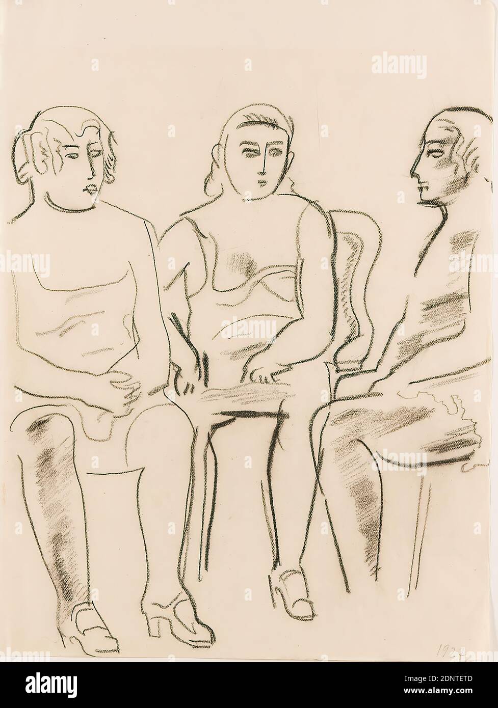 Gustav Heinrich Wolff, Three seated women in undergarments, drawing paper, drawing charcoal, drawing, charcoal on drawing paper, Total: Height: 26,9 cm; Width: 20,1 cm, drawing, graphics, sketches, seated figure, woman, entertainment, conversation, dialogue, classical modernism, Three women seated in undergarments on chairs in a semicircle, from the sketchbook 1927 Stock Photo