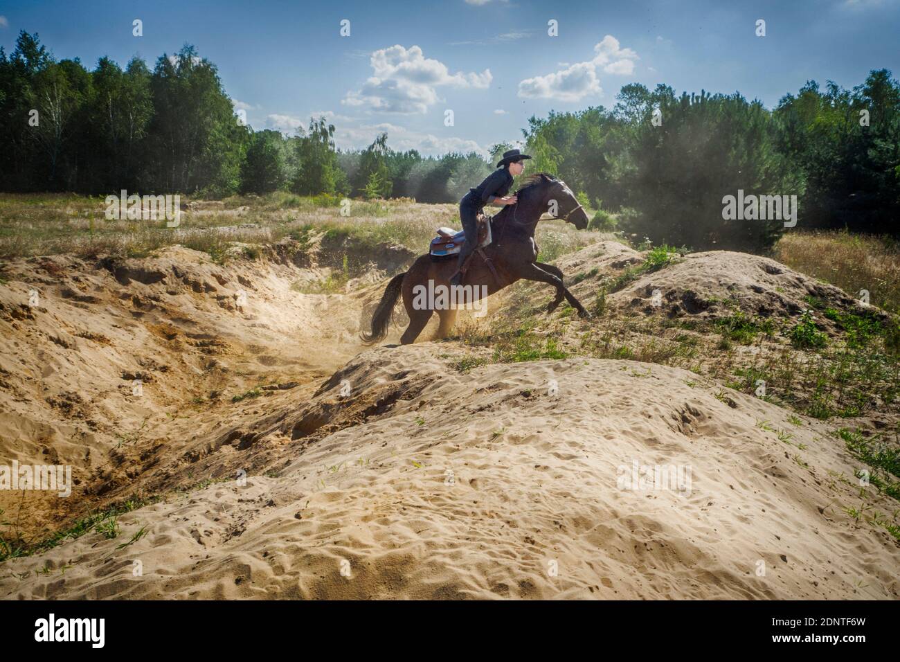 Man riding a horse in rural landscape, Poland Stock Photo