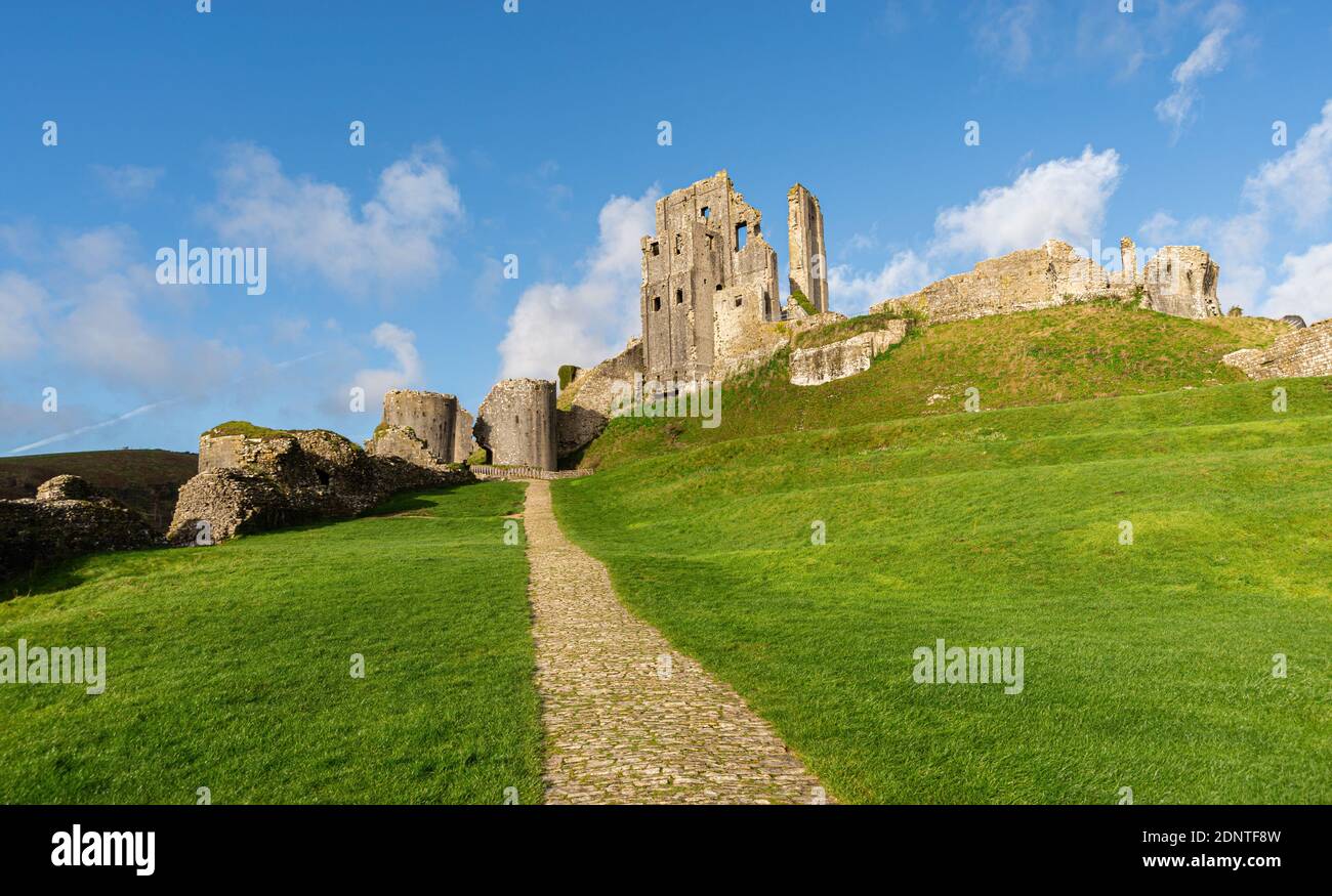 Main cobblestone path leading up to Corfe Castle on a sunny day with bright green grass and no people. Corfe Castle, Wareham, Dorset, England. Stock Photo