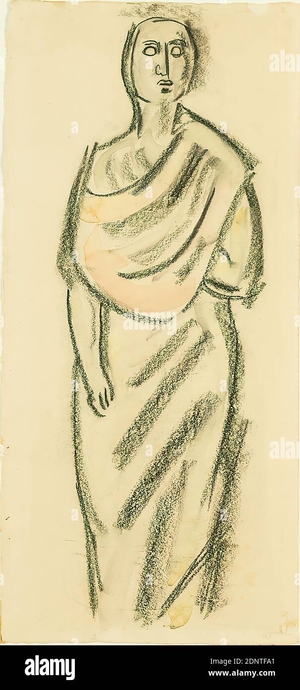 Gustav Heinrich Wolff, Standing garment figure, drawing charcoal, cardboard, watercolor, charcoal and watercolor on cardboard, total (irregular edges): height: 57.5 cm; width: 26.8 cm, unmarked, drawing, graphics, sketches, standing figure, classical modernism Stock Photo