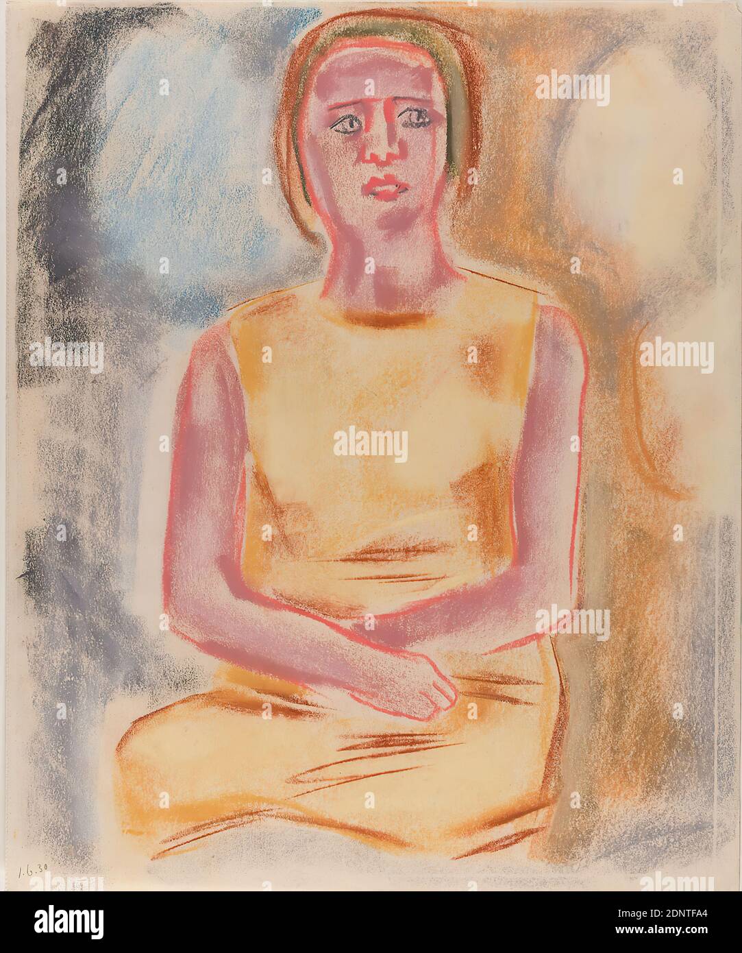 Gustav Heinrich Wolff, Woman in yellow dress, pastel chalk, drawing paper, drawing, pastel on thin drawing paper, total: height: 37.1 cm; width: 30.6 cm, dated: recto upper left with pencil: 1.6.30, Drawing, graphic, sketches, portrait, seated figure, woman, dress, En face (frontal view), Classic Modernism, single sheet from the sketchbook 1929/30 Stock Photo