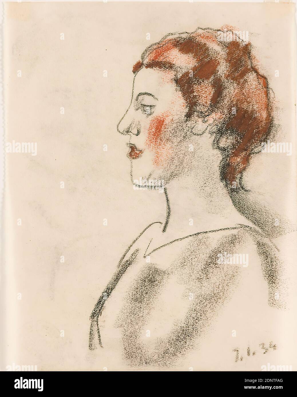 Gustav Heinrich Wolff, profile portrait of a lady, pastel chalk, charcoal, parchment, drawing, charcoal and pastel on parchment, total: height: 14,5 cm; width: 11,4 cm, lower right dated by hand with charcoal: 7. 1.34, drawing, graphics, sketches, woman, profile (side view), portrait, bust, en profil, classical modern, study of a woman in profile to the left, bust, from the sketchbook 1932-34 Stock Photo