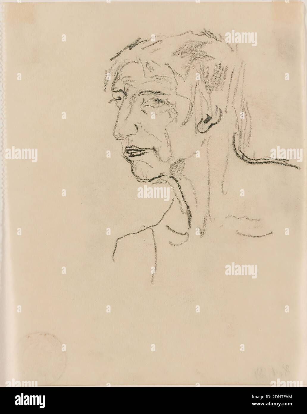 Gustav Heinrich Wolff, portrait study, pencil, vellum, drawing, pencil on vellum, total: height: 14,5 cm; width: 11,4 cm, verso lower left (by someone else? ) dated in pencil: 8.1.34, drawing, graphics, Sketches, Old Woman, Portrait, Classical Modernism, Portrait Study of an Elderly Person in Half-Profile to the Left, from the Sketchbook 1932-34 Stock Photo
