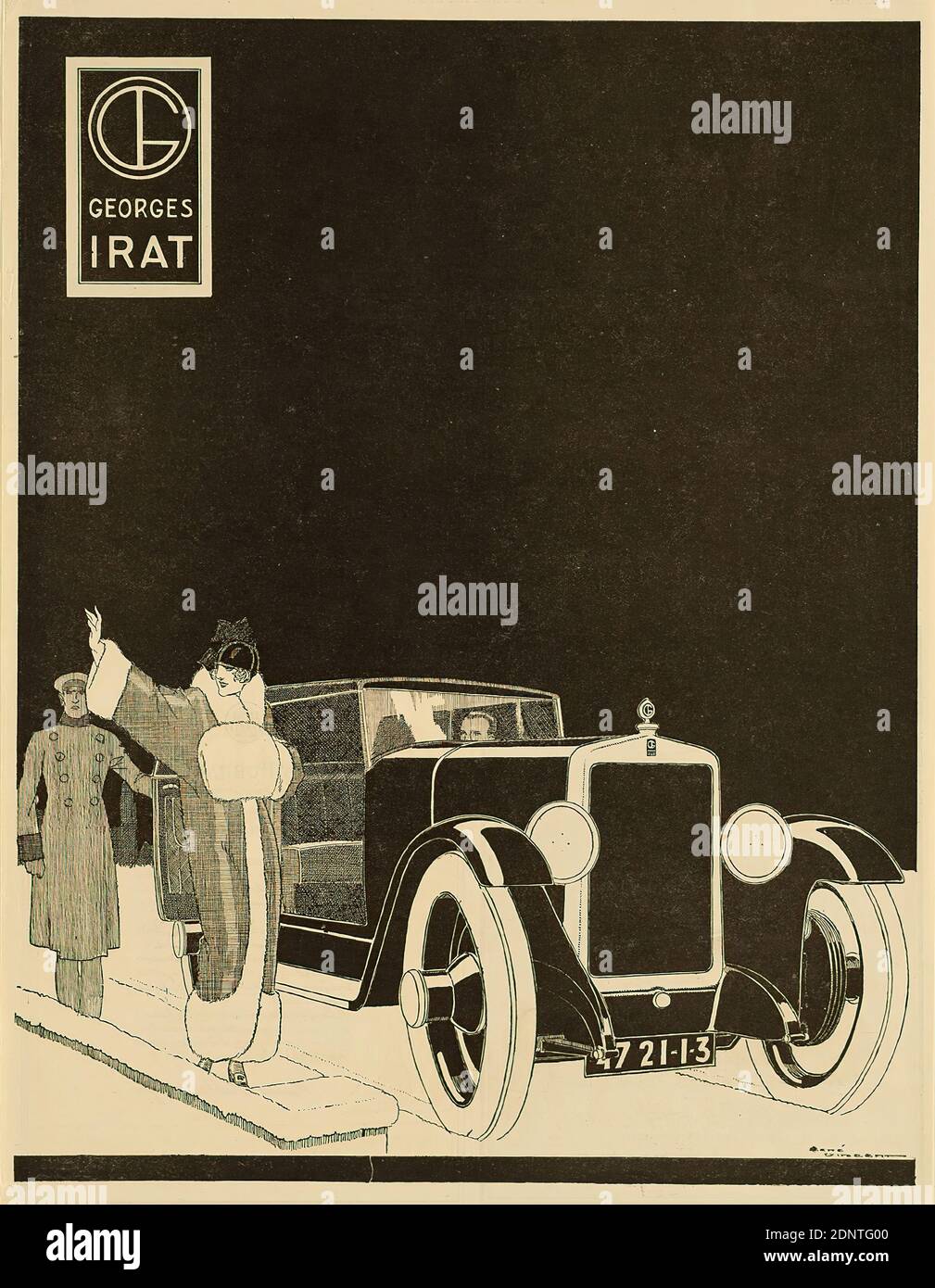 René Vincent, Georges Irat, advertisement in the magazine L'Illustration, line etching, total: height: 39.5 cm; width: 28.5 cm, signed: René Vincent, advertisements, Product and business advertising (print graphics), Car, automobile, woman, Art Déco Stock Photo