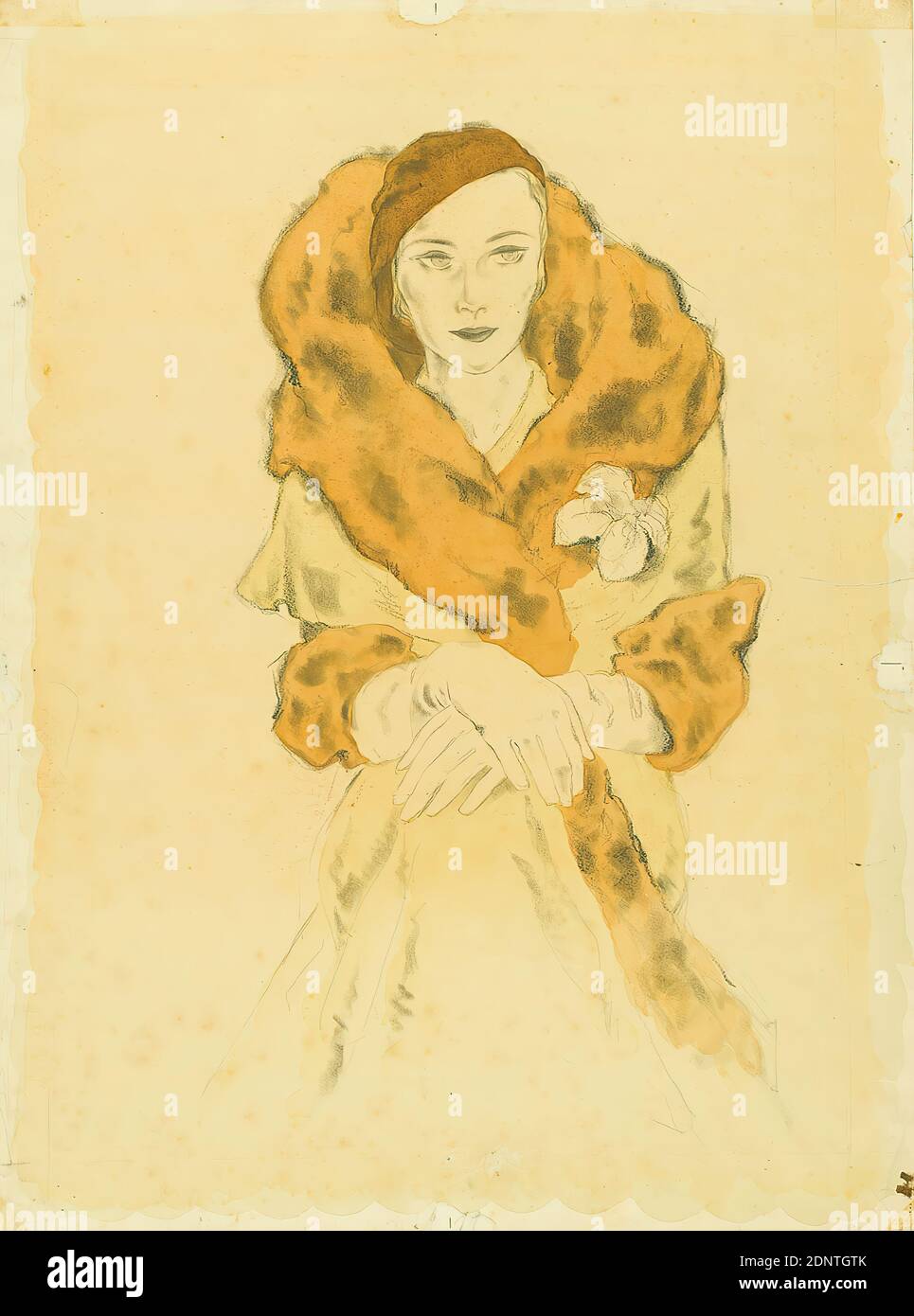 Ernst Dryden, lady in fur coat, cardboard, non-opaque watercolor, pencil, watercolor, watercolor over lead, Total: height: 56 cm; width: 41.7 cm, monogrammed: recto bottom right in the drawing: d, newspapers, magazines, illustrations, drawing, graphics, woman Stock Photo