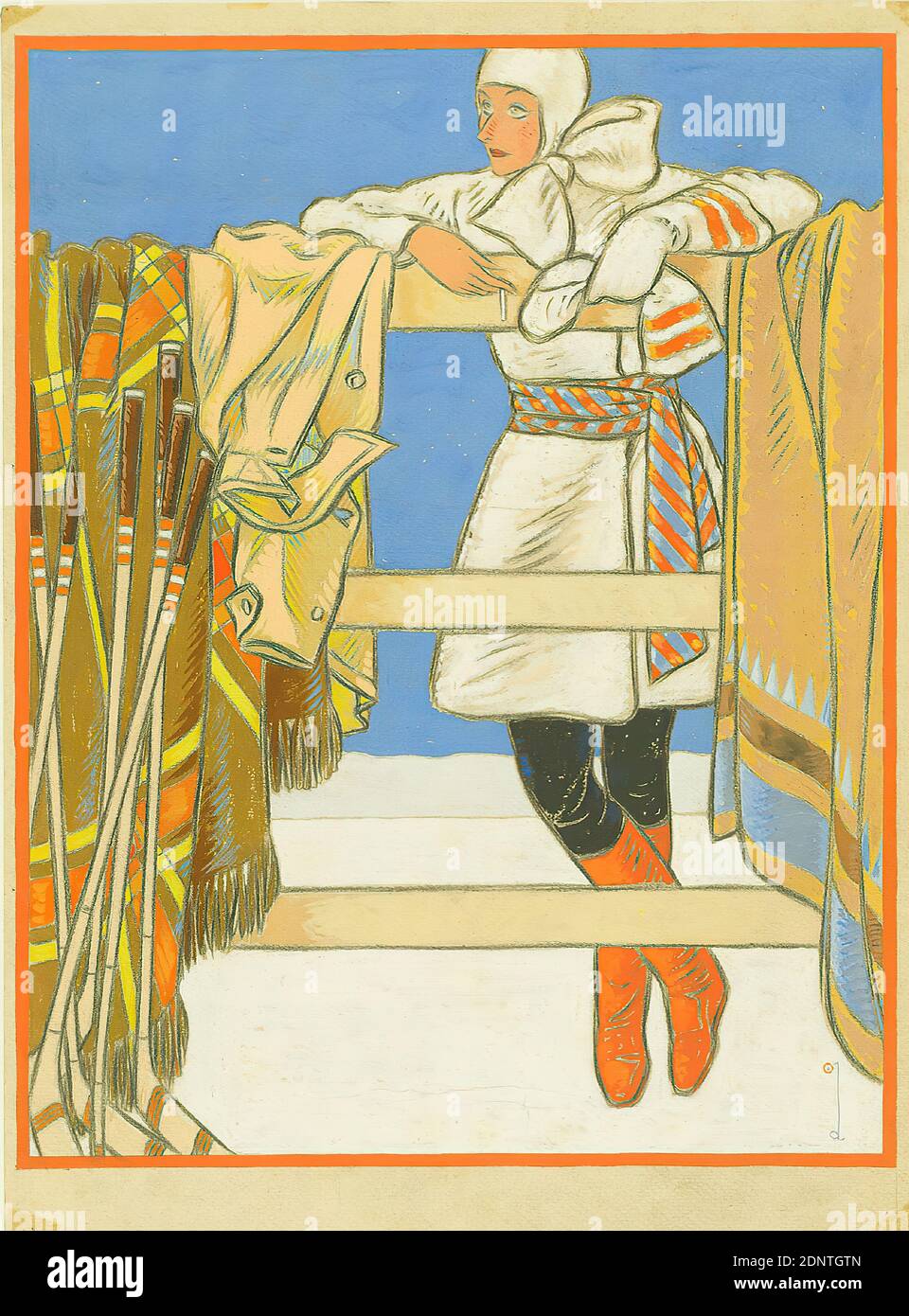 Ernst Dryden, fashion illustration for Die Dame, cardboard, tempera, pencil, drawing, painting technique, tempera over lead, total: height: 42.5 cm; width: 31.4 cm, monogrammed: recto lower right in the drawing: d, newspapers, magazines, illustrations, drawing, graphics, woman Stock Photo