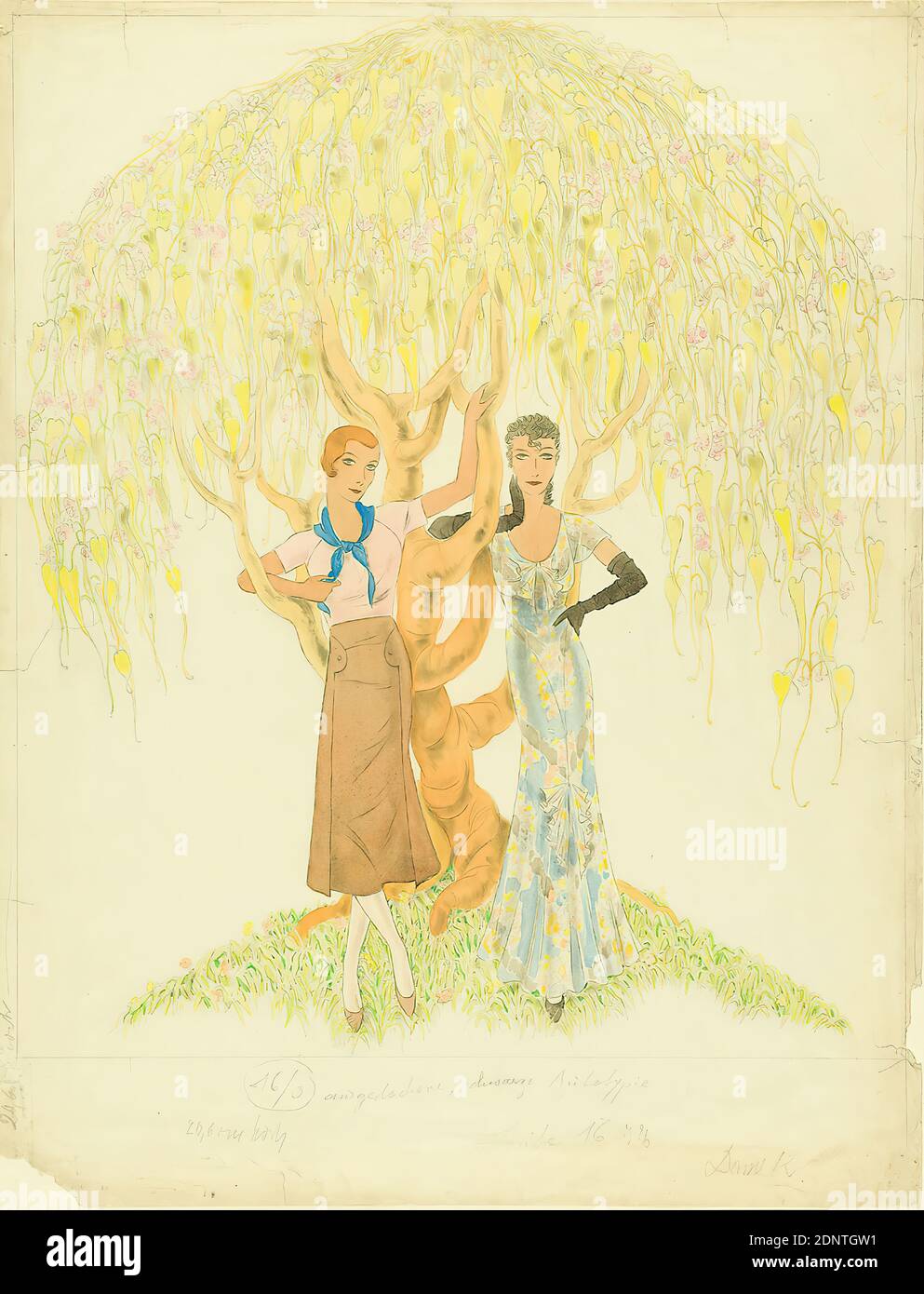 Ernst Dryden, fashion illustration for Die Dame, paper, non-opaque watercolor, pencil, watercolor, drawing, watercolor over lead, Total: Height: 64 cm; Width: 49 cm, drawing, graphics, illustrations, newspapers, magazines, trees, bushes, woman Stock Photo