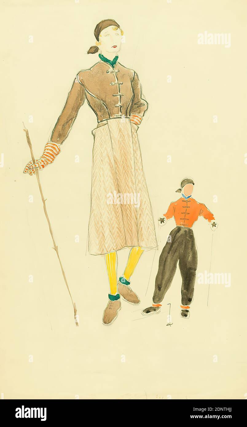 Ernst Dryden, women in winter clothing, paper, pencil, non-opaque watercolor, watercolor, drawing, watercolor over lead, Total: Height: 48,7 cm; Width: 31,2 cm, monogrammed: bottom right in the drawing: d, fashion and textile Ernst Dryden, women in winter clothing, paper, pencil, non-opaque watercolor, watercolor, drawing, watercolor over lead, Total: Height: 48,7 cm; Width: 31,2 cm, monogrammed: bottom right in the drawing: d, fashion and textile