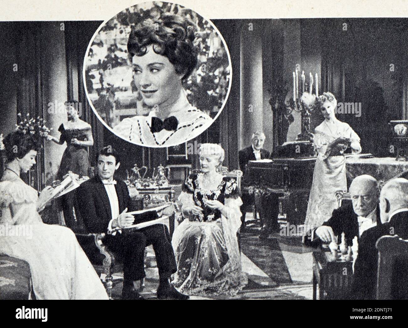 Film still from 'The Million Pound Note' starring Gregory Peck, Roland Squire, Joyce Grenfell, and Wilfrid Hyde-White. Stock Photo