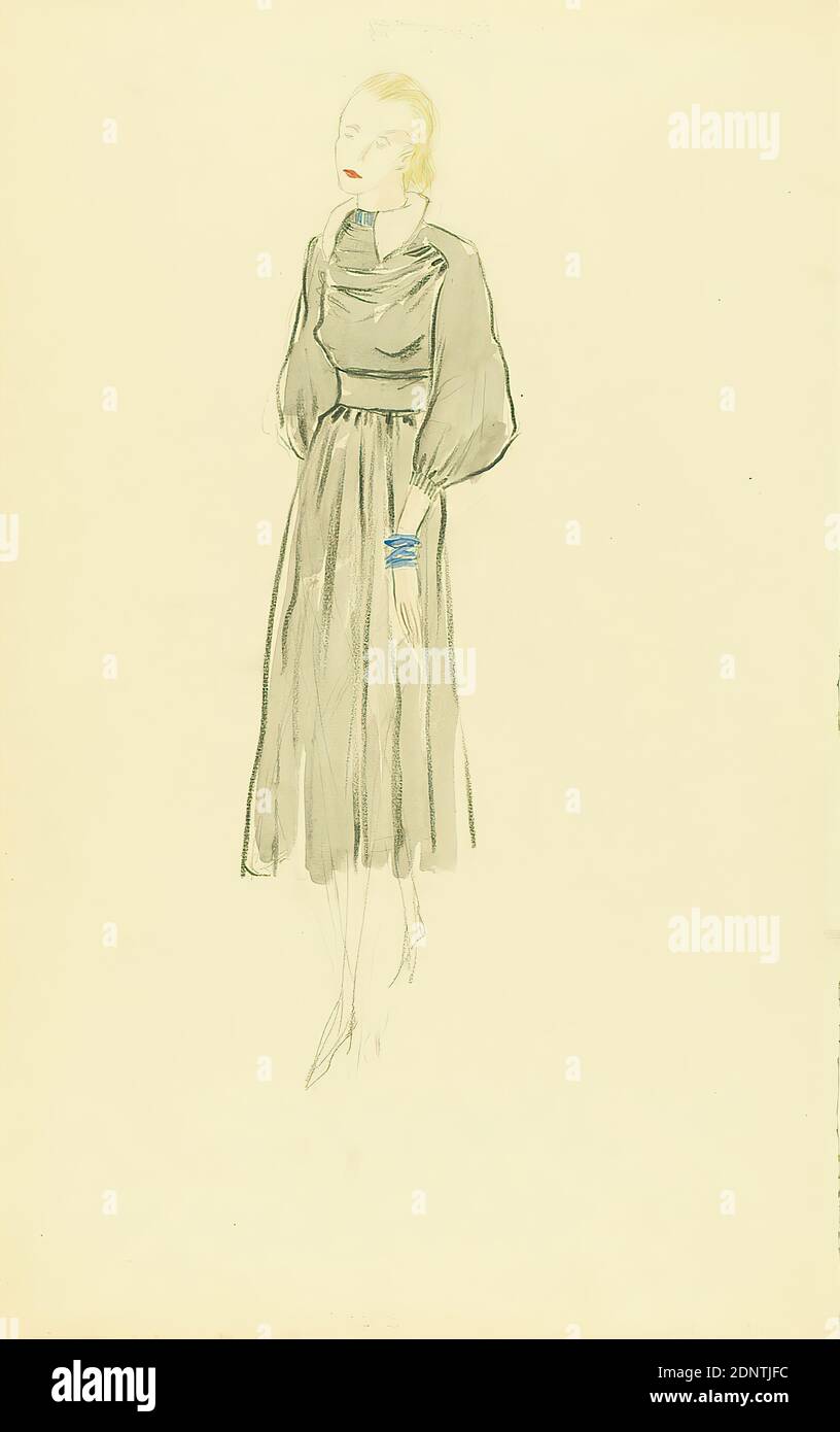 Ernst Dryden, woman in grey winter dress, paper, Non-covering watercolor,  watercolor, drawing, watercolor over pencil, Total: Height: 48,8 cm; Width:  31,2 cm, fashion and textile design, illustrations, fashion, clothing,  women's fashion, dress