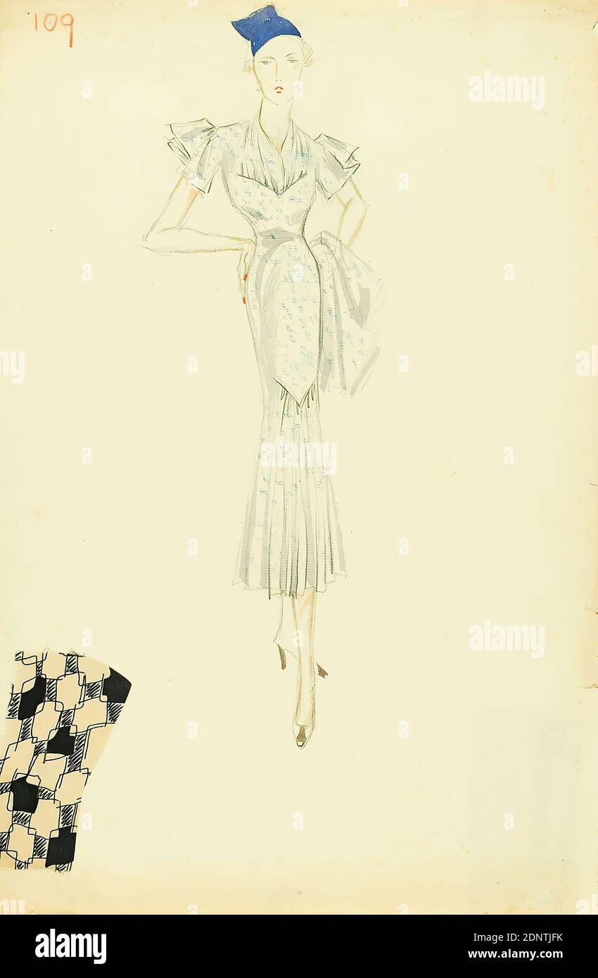 Ernst Dryden, design for a patterned ladies dress with attached fabric  sample, paper, non-opaque watercolor, pencil, watercolor, drawing,  watercolor over pencil, total: height: 48,4 cm; width: 31,8 cm, numbered:  recto top left: