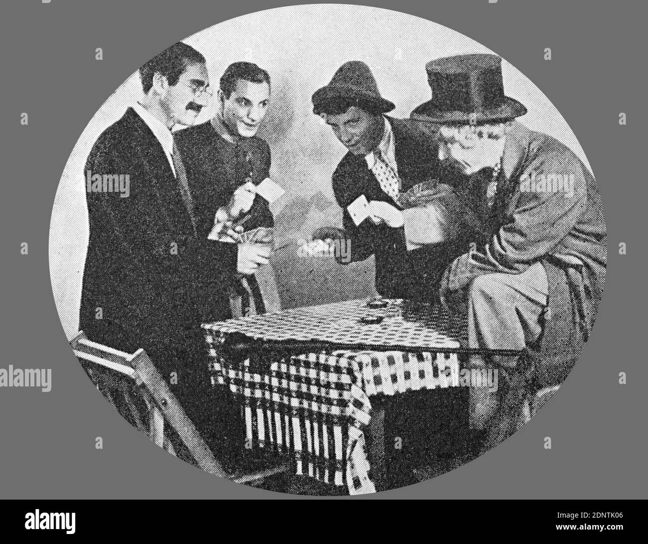Film still from 'Duck Soup' starring Groucho Marx, Harpo Marx, Chico Marx, and Margaret Dumont. Stock Photo