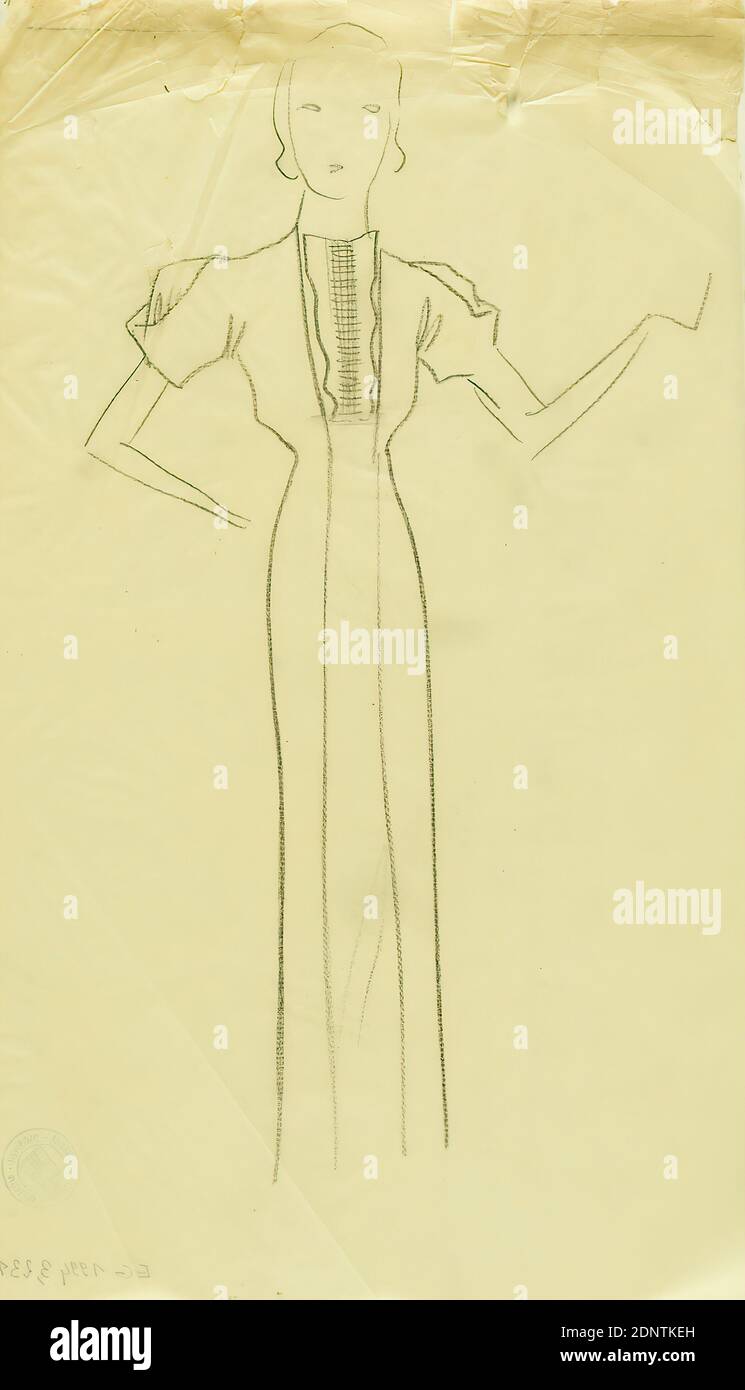 Ernst Dryden, Design for a woman's dress, Glassine, pencil, drawing, pencil drawing, Total: Height: 34.8 cm; Width: 20.7 cm, fashion and textile design, drawing, graphics, design drawings, sketches, fashion, dress, clothing, women's fashion Stock Photo