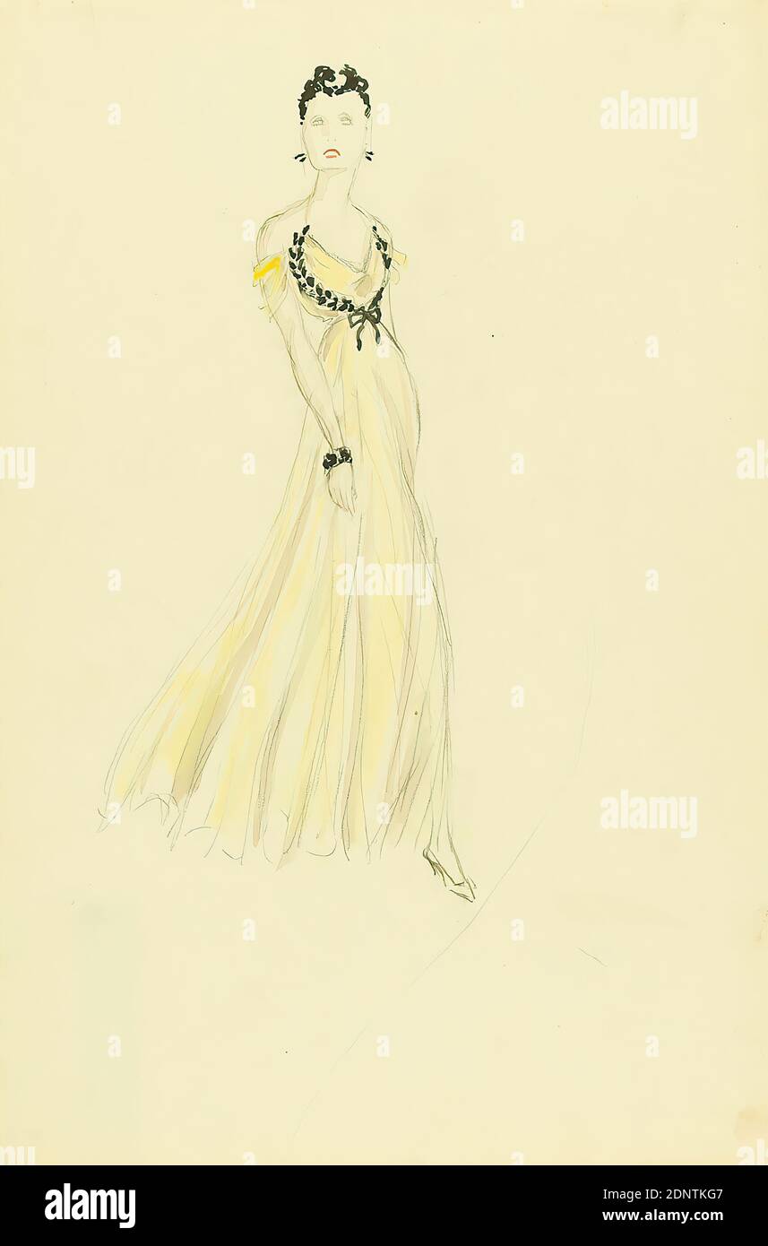 Ernst Dryden, Lady in yellow evening gown, paper, Non-covering watercolor,  pencil, watercolor, drawing, watercolor over