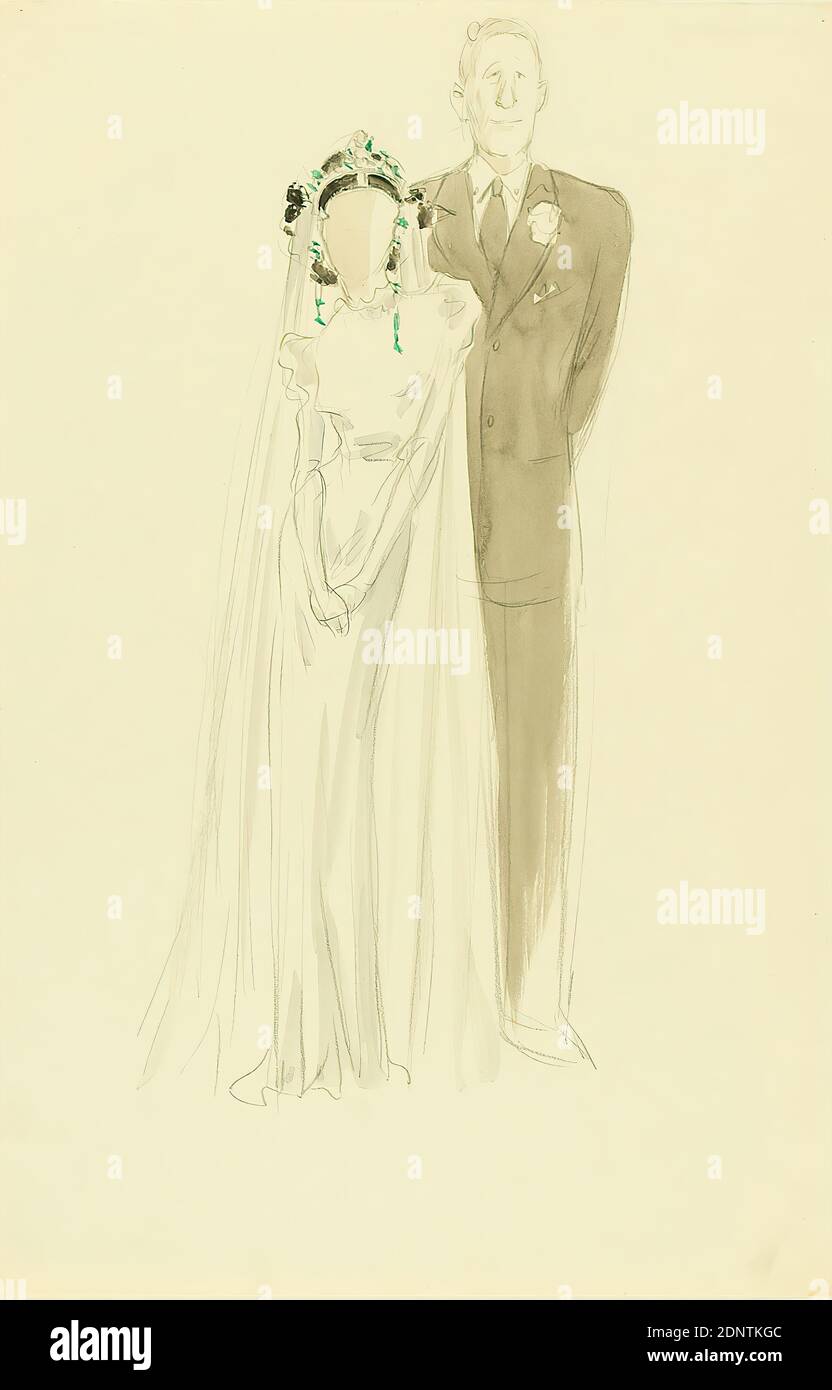 Ernst Dryden, Costumes for Dolores del Rio and Richard Dix in the movie The Devil's Playground, Paper, Non-covering watercolor, Pencil, Watercolor, Drawing, Watercolor over lead, Total: Height: 45,9 cm; Width: 30,6 cm, Illustrations, Bride and groom in wedding dress, Fashion, Dress, Women's fashion, Cinematography, Dress Stock Photo
