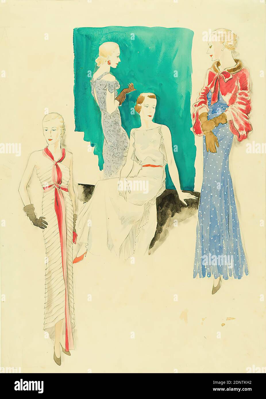 Ernst Dryden, Women in evening dresses, Paper, Noncovering watercolor