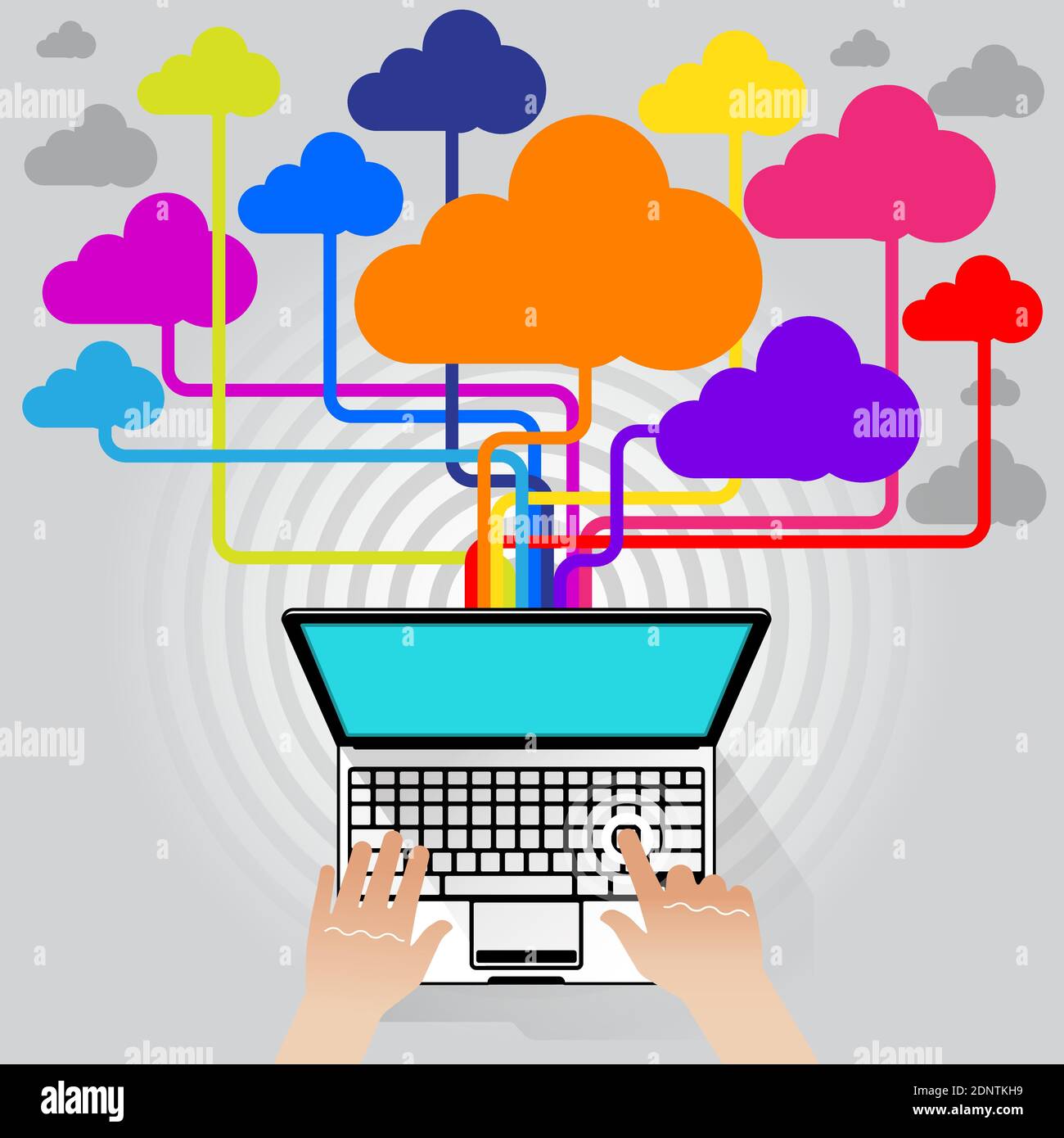 A top-down view of a Laptop computer streaming information and data to and from the internet at Super Hi Speeds via a 5G network connection. Stock Vector