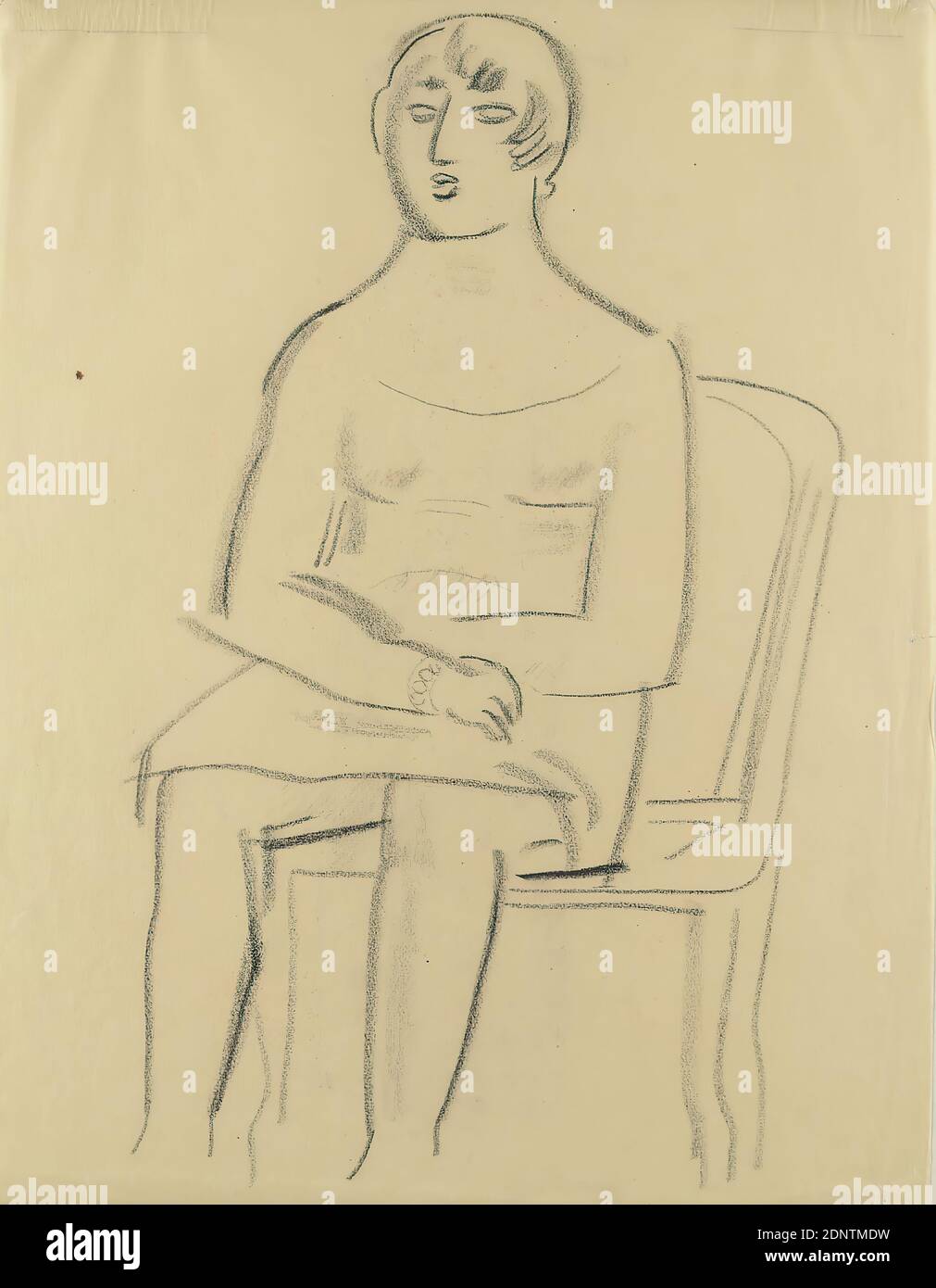 Gustav Heinrich Wolff, Sitting woman, parchment, charcoal for drawing, drawing, charcoal on parchment, total: height: 30.1 cm; width: 23.4 cm, unmarked, sketches, drawing, graphics, portrait, woman, seated figure, chair, Classic Modernism, sketch of a woman sitting on a chair in a dress with short hair and with arms crossed on her lap, single sheet from a sketchbook (1920s Stock Photo