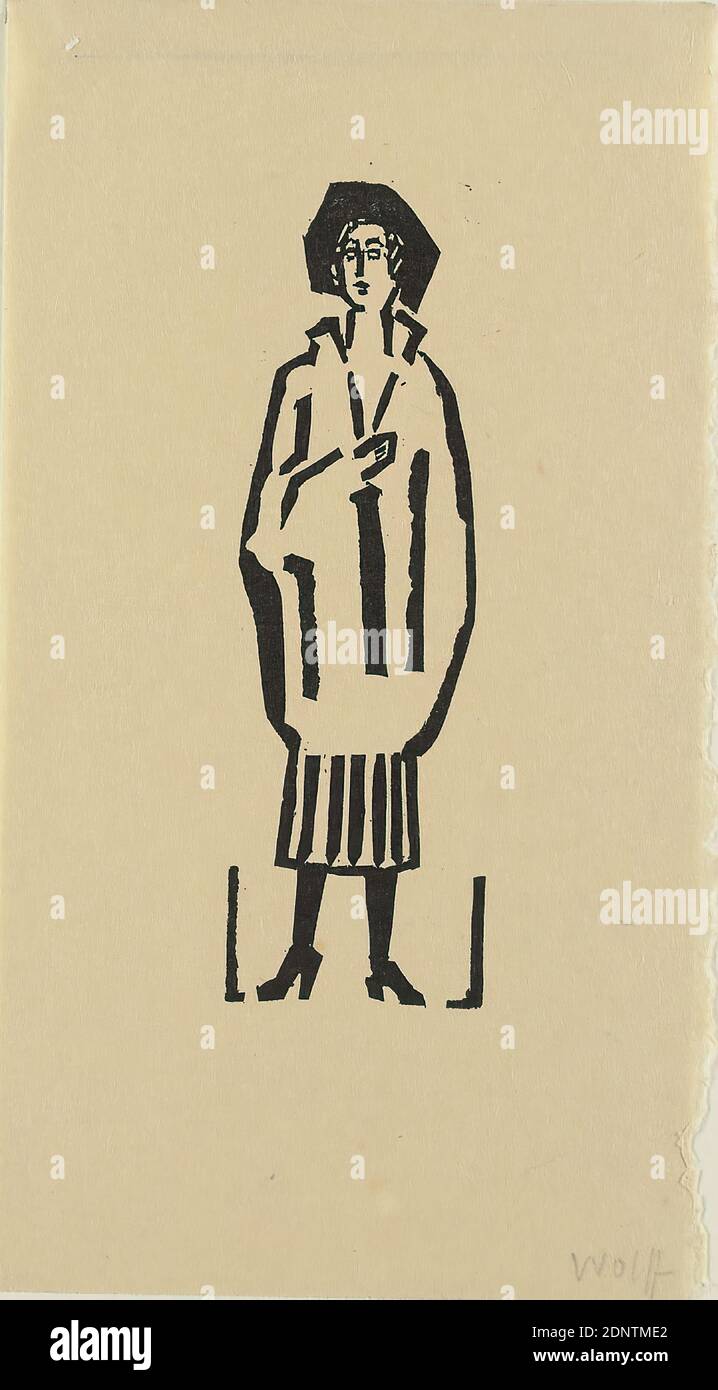 Gustav Heinrich Wolff, woman with long cape, Japan paper, woodcut, woodcut on Japan, image size: height: 14,1 cm; width: 4,4 cm, signed: recto bottom right: with pencil Wolff, Free Graphic (Prints/Printing), Prints/Printing, Portrait, Standing Figure, Woman, Fashion, Clothing, Jacket, Coat, Cape, Hat, Classic Modernism, Woman with Long Cape (1925), Holthusen 1964 Graphic No. 71 Stock Photo