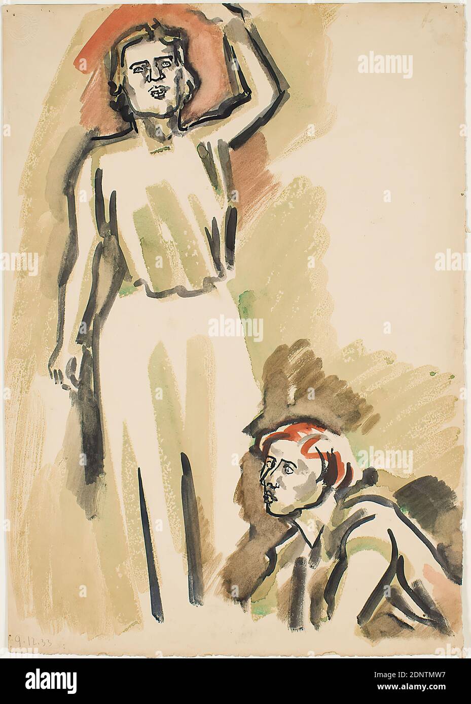 Gustav Heinrich Wolff, Zwei Frauen, Non-covering watercolor, cardboard, watercolor on cardboard, Total: height: 51.3 cm; width: 35.7 cm, dated: recto bottom left: with pencil: 9.12.33, free graphic, portrait, woman, standing figure, arm postures, gestures, Classic Modern Stock Photo