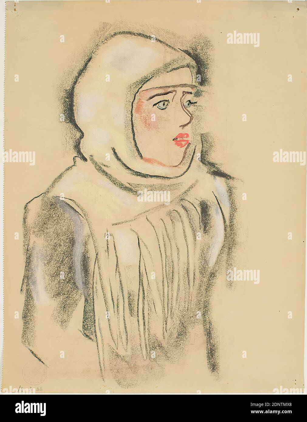 Gustav Heinrich Wolff, Russian girl, drawing paper, pastel chalk, drawing, pastel on drawing paper, Total: Height: 33.1 cm; Width: 25.4 cm, dated: recto bottom left: with charcoal: 14 3 33, drawing, graphics, sketches, portrait, young woman, girl, half-figure portrait, headdress, Classic Modernism, portrait of a Russian girl with headscarf, single sheet from the Russian sketchbook Stock Photo