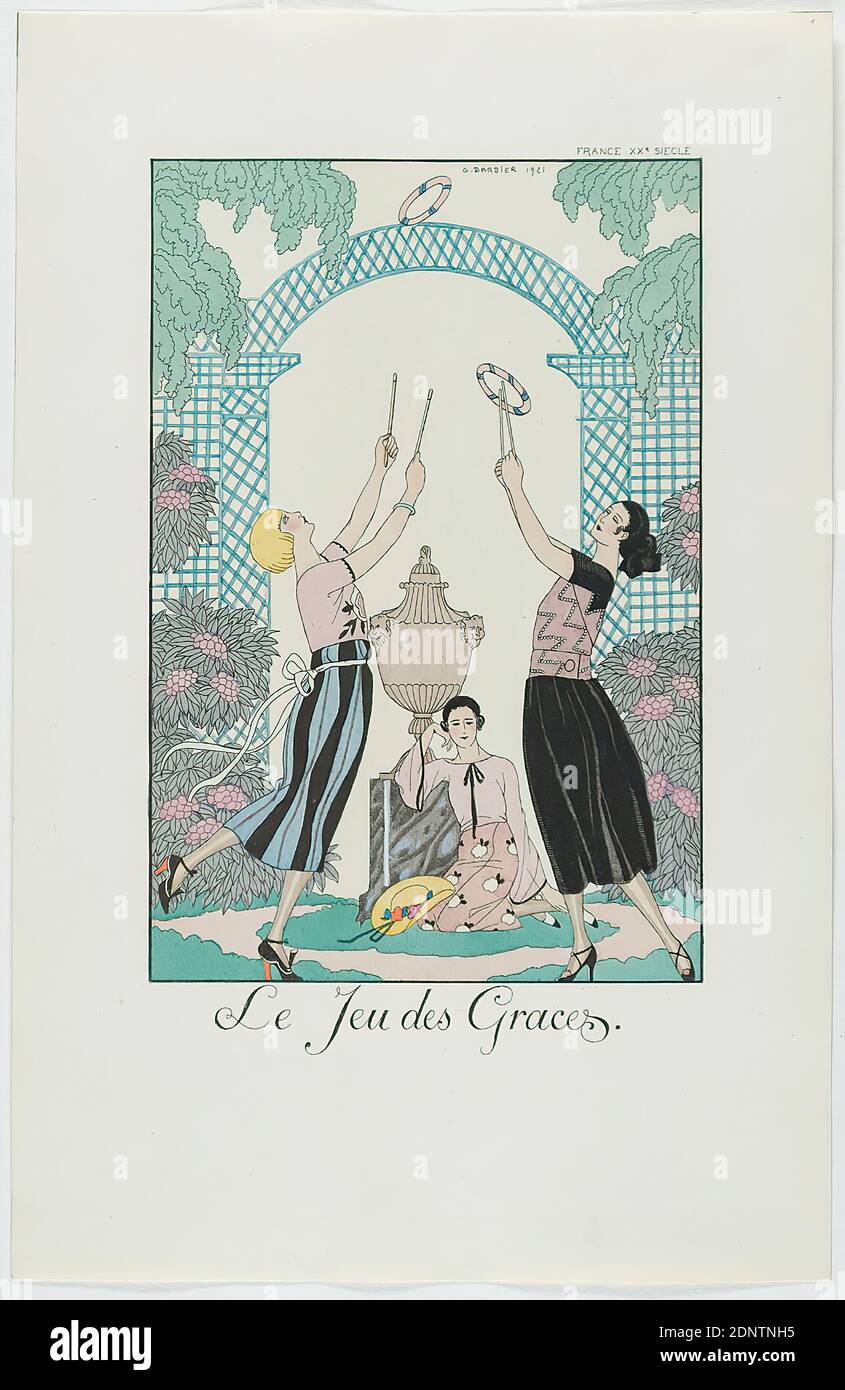 George Barbier, Meynial éditeur, Paris, Le Jeu des Graces, from the fashion almanac Falbalas et Fanfreluches 1922, handmade paper, opaque watercolor, etching, stencil printing (pochoir), pochoir and etching, sheet size: height: 24.6 cm; width: 16 cm, signed, dated and inscribed: in the printing plate: G. Stock Photo