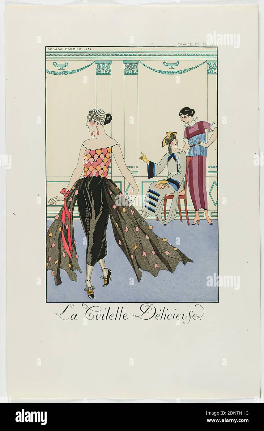 George Barbier, Meynial éditeur, Paris, La Toilette Délicieuse, from the fashion almanac Falbalas et Fanfreluches 1922, handmade paper, non-opaque watercolor, etching, stencil printing (pochoir), pochoir and etching, sheet size: height: 24,6 cm; Width: 15,8 cm, signed, dated and inscribed: in the printing plate: GEORGE BARBIER 1921, La Toilette Délicieuse, inscribed: in the printing plate: FRANCE XXe SIECLE, printmaking,printing, Fashionable, elegant woman, 'Belle', women's fashion, standing figure, sitting figure, dress, fashion, clothing, art deco Stock Photo
