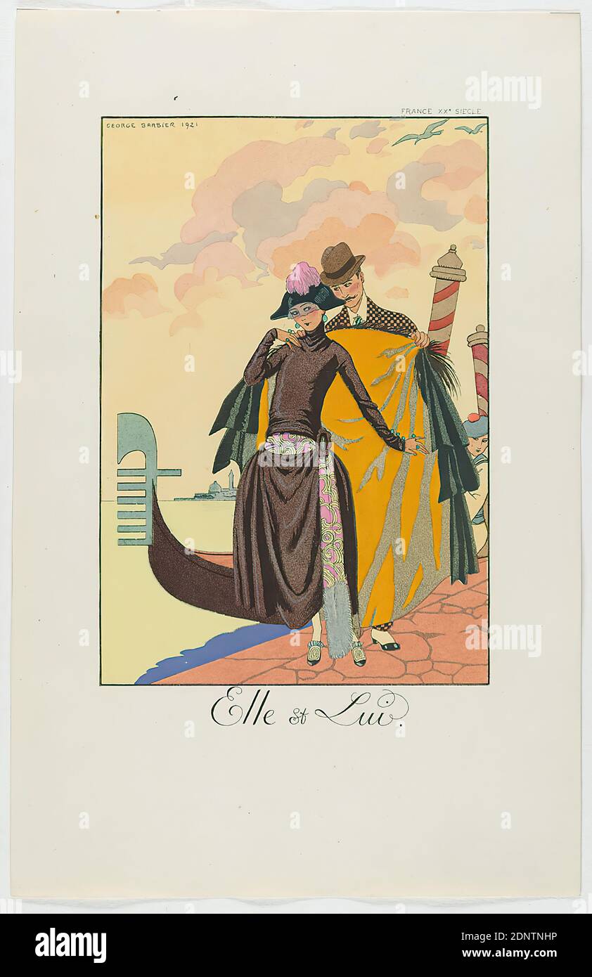 George Barbier, Meynial éditeur, Paris, Elle et Lui, from the fashion almanac Falbalas et Fanfreluches 1922, handmade paper, non-opaque watercolor, etching, stencil printing (pochoir), pochoir and etching, sheet size: height: 24,8 cm; width: 15,8 cm, signed, dated and inscribed: in the printing plate: GEORGE BARBIER 1921, Elle & Lui, inscribed: in the printing plate: FRANCE XXe SIECLE, printmaking,printing, Fashionable, elegant woman, 'Belle', Women's fashion, Dandy, Beau, Relations between the sexes, Boot, Art Déco Stock Photo