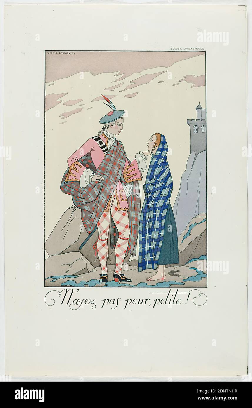 George Barber, Meynial éditeur, Paris, N'ayez pas peur, petite! from the fashion almanac Falbalas et Fanfreluches 1923, handmade paper, non-opaque watercolor, etching, stencil printing (pochoir), pochoir and etching, sheet size: height: 24.5 cm; width: 16 cm, signed, dated and inscribed: in the printing plate: GEORGE BARBIER 22, N'ayez pas peur, petite! inscribed: in the printing forme: ÉCOSSE XVIII SIÈCLE, graphics, fashion, clothing, folk costume, regional costume, art deco Stock Photo