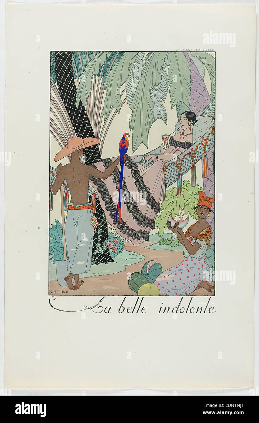 George Barbier, Meynial éditeur, Paris, La belle indolente, from the fashion almanac Falbalas et Fanfreluches 1923, handmade paper, opaque watercolor, etching, stencil printing (pochoir), pochoir and etching, sheet size: height: 24.6 cm; width: 16 cm, signed and inscribed: in the printing forme: G. BARBIER, La belle indolente, inscribed: in the printing plate: ANTILLES XIX SIÈCLE, graphics, peoples and nationalities, folk costume, regional costume, woman, Art Déco Stock Photo