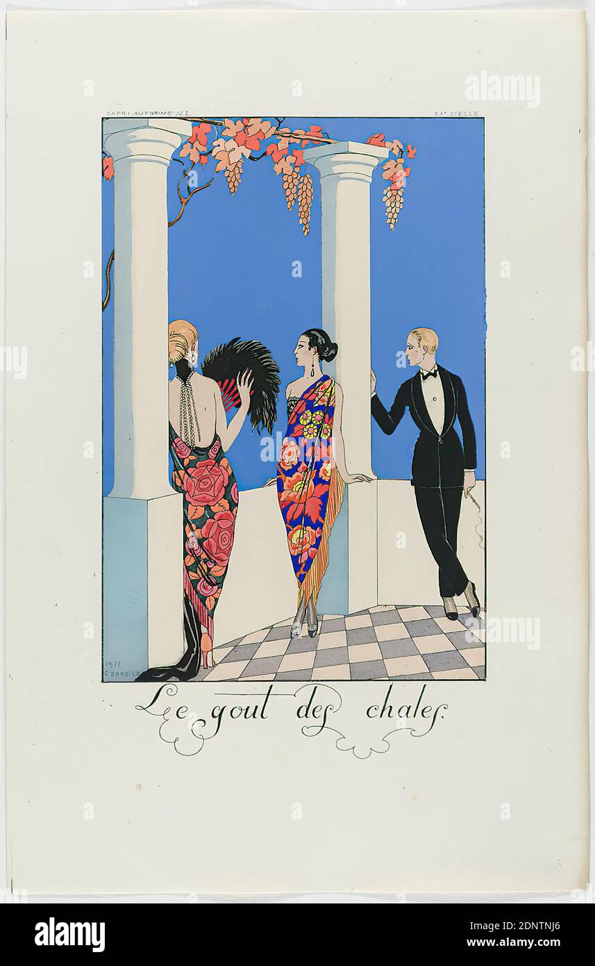 George Barbier, Meynial éditeur, Paris, Le gout des chales, from the fashion almanac Falbalas et Fanfreluches 1923, handmade paper, opaque watercolor, etching, stencil printing (pochoir), pochoir and etching, sheet size: height: 24.3 cm; width: 16.1 cm, signed, dated and inscribed: in the printing plate: 1922, G. BARBIER, Le gout des chales, inscribed: in the printing plate: CAPRI AUTOMNE 22, XXe SIECLE, printmaking,printing, Fashionable, elegant woman, 'Belle', women's fashion, dress, flower ornaments, column, pillar (architecture), man, fan, autumn, fashion, clothing, art deco Stock Photo