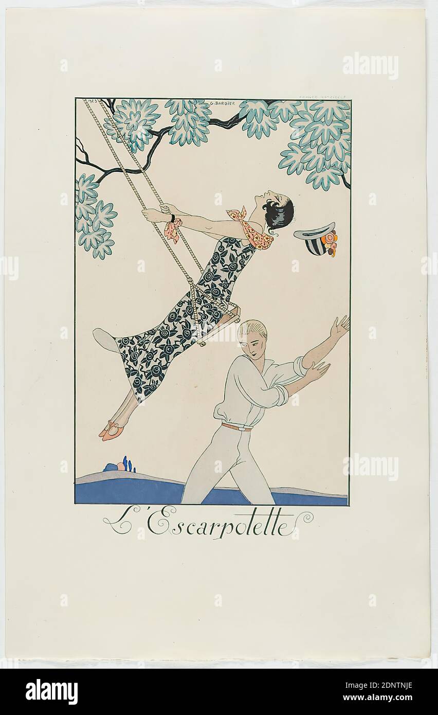 George Barbier, Meynial éditeur, Paris, L'Escarpolette, from the fashion almanac Falbalas et Fanfreluches 1924, handmade paper, opaque watercolor, etching, stencil printing (pochoir), pochoir and etching, sheet size: height: 25.5 cm; width: 16.5 cm, signed, dated and inscribed: in the printing plate: 1923, G. BARBIER, L'Escarpolette, inscribed: in the printing forme: FRANCE XXe SIECLE, graphics, swing, woman, man, relations between the sexes, trees, shrubs, joy, pleasure, enjoyment, fashion, clothing, dress, accessories, accessories of clothing, hat, art deco Stock Photo