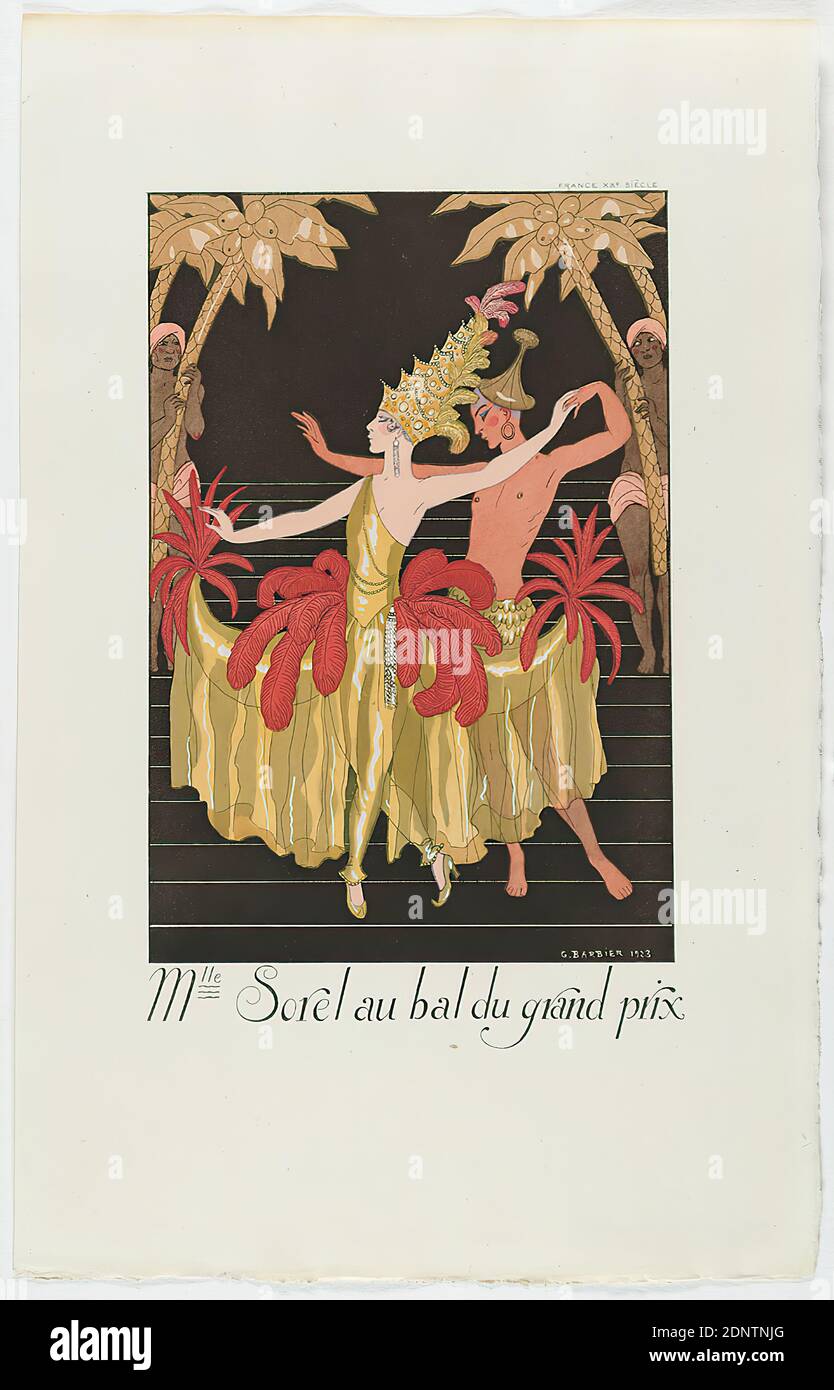 George Barbier, Meynial éditeur, Paris, Mlle Sorel au bal du grand prix, from the fashion almanac Falbalas et Fanfreluches 1924, handmade paper, opaque watercolor, etching, stencil printing (pochoir), pochoir and etching, sheet size: height: 25.5 cm; width: 16.5 cm, signed, dated and inscribed: in the printing plate: G. BARBIER 1923, Mlle Sorel au bal du grand prix, inscribed: in the printing forme: FRANCE XXe SIÈCLE, printmaking,printing, dancer, danceress, fashion, clothing, headgear, stage art, ball, dance event, palm tree, dress, fashion, art deco Stock Photo