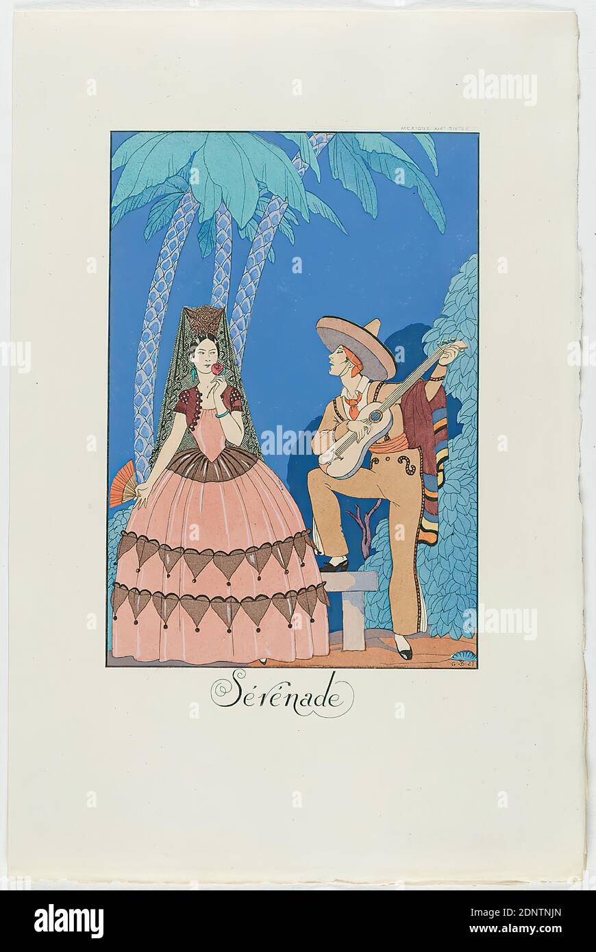 George Barbier, Meynial éditeur, Paris, Sérénade, from the fashion almanac Falbalas et Fanfreluches 1924, handmade paper, opaque watercolor, opaque watercolor, etching, stencil printing (pochoir), pochoir and etching, sheet size: height: 25.5 cm; width: 16.8 cm, monogrammed, inscribed and dated: in the printing forme: G. B. 23, Sérénade, inscribed: in the printing plate: MEXIQUE XIXe SIÈCLE, graphics, folk costume, regional costume, Art Déco Stock Photo