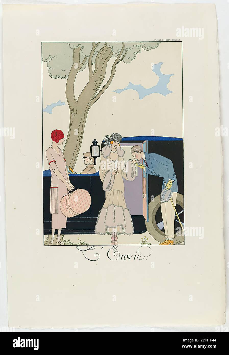 George Barbier, Meynial éditeur, Paris, L'Envie, from the fashion almanac Falbalas et Fanfreluches 1925, handmade paper, opaque watercolor, etching, stencil printing (pochoir), pochoir and etching, sheet size: height: 25 cm; width: 16.8 cm, monogrammed, inscribed and dated: in the printing plate: G. B, 1924, L'Envie, inscribed: in the printing plate: FRANCE XXe SIECLE, graphics, automobile, automobile, relationships between the sexes, woman, Art Déco right handwritten in lead: Mrs. Stock Photo
