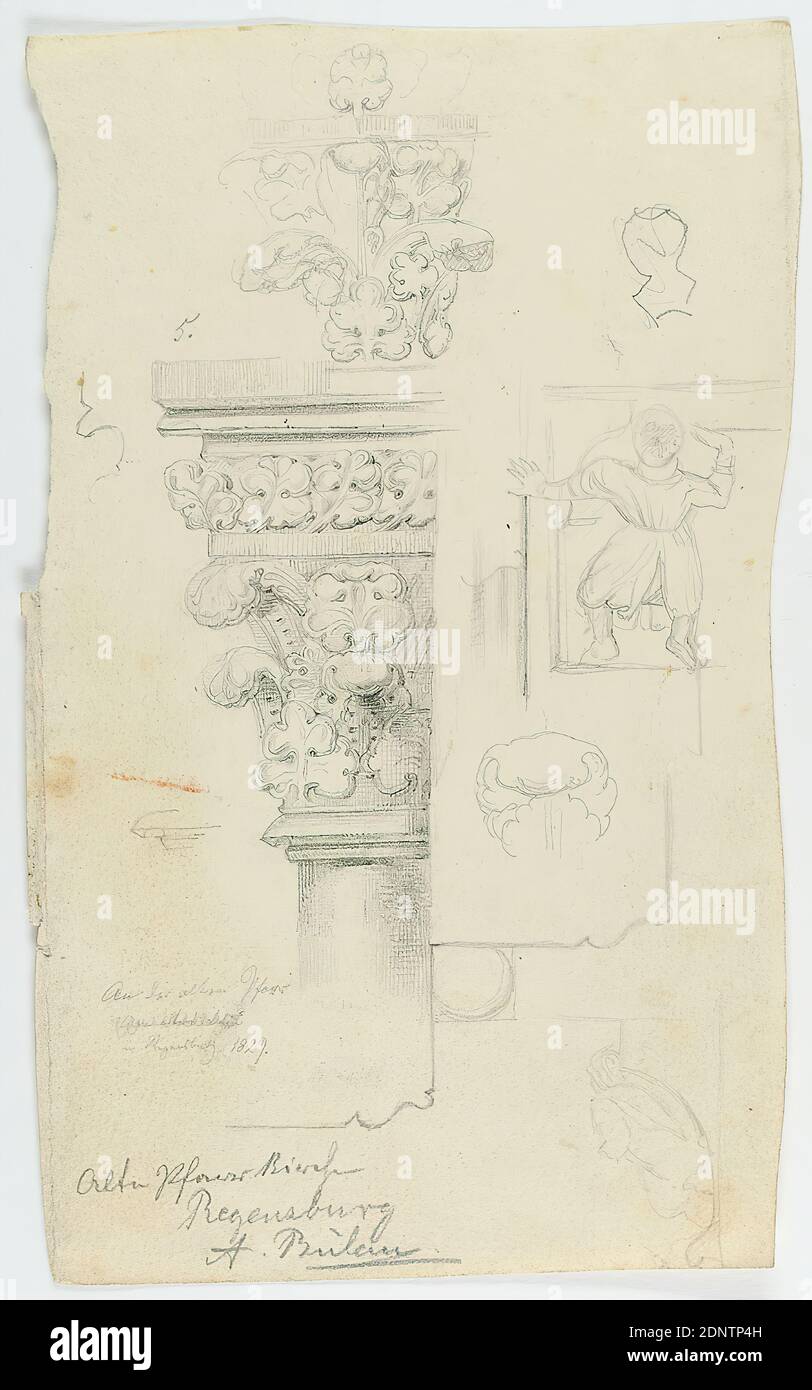 Theodor Bülau, St. Ulrich, Regensburg. Capital details, ground plan detail reveal south portal, frieze figure, vegetal decoration, paper, pencil, drawing, sheet size: height: 66 cm; width: 56 cm, inscribed: recto: in lead: From the old parish, in Regensburg 1829th and Old Parish Church, Regensburg, A. Bülau, drawing, graphics, capital (column, pillars), architectural details, ornaments Stock Photo