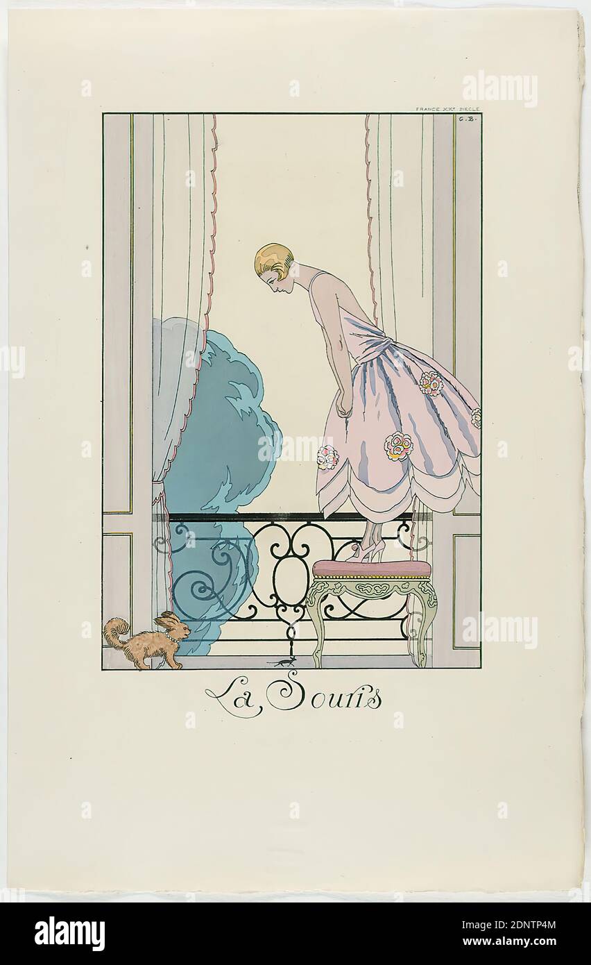 George Barbier, Meynial éditeur, Paris, La Souris, from the fashion almanac Falbalas et Fanfreluches 1925, handmade paper, opaque watercolor, etching, stencil printing (pochoir), pochoir and etching, sheet size: height: 25.3 cm; width: 16.4 cm, monogrammed and inscribed: in the printing plate: G.B, La Souris, inscribed: in the printing forme: FRANCE XXe SIECLE, graphics, woman, standing figure, dress, mouse, dog, human and animal, balcony, fashion, clothing, window, fashion, art deco Stock Photo