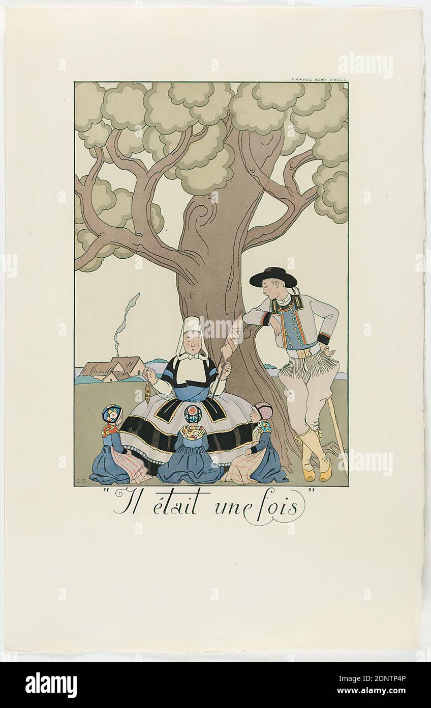 George Barbier, Meynial éditeur, Paris, Il était une fois, from the fashion almanac Falbalas et Fanfreluches 1925, hand-made paper, non-opaque watercolor, etching, stencil printing (pochoir), pochoir and etching, sheet size: height: 25 cm; width: 19 cm, monogrammed and inscribed: in the printing plate: G. B, Il était une fois, inscribed: in the printing forme: FRANCE XIXe SIECLE, graphics, trees, shrubs, folk costume, regional costume, Art Déco Stock Photo