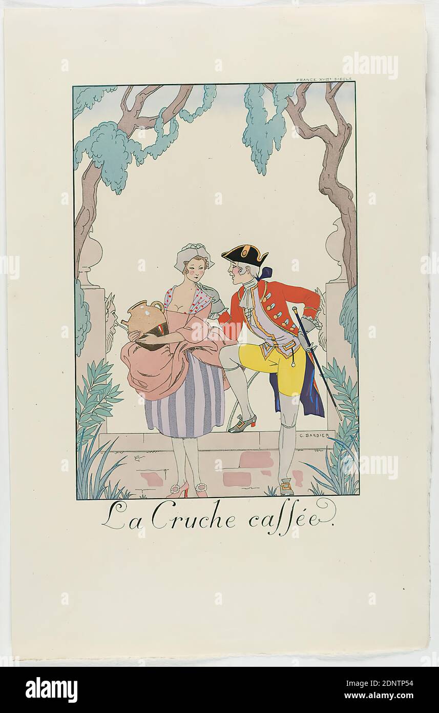 George Barbier, Meynial éditeur, Paris, La Cruche cassée, from the fashion almanac Falbalas et Fanfreluches 1925, purchased with funds from Campe'sche Historische Kunststiftung, handmade paper, opaque watercolor, etching, stencil printing (pochoir), pochoir and etching, sheet size: height: 24.8 cm; width: 16 cm, signed and inscribed: in the printing plate: G. BARBIER, La Cruche cassée, inscribed: in the printing plate: FRANCE XVIIIe SIECLE, printmaking,printing products, folk costume, regional costume, Art Déco Stock Photo