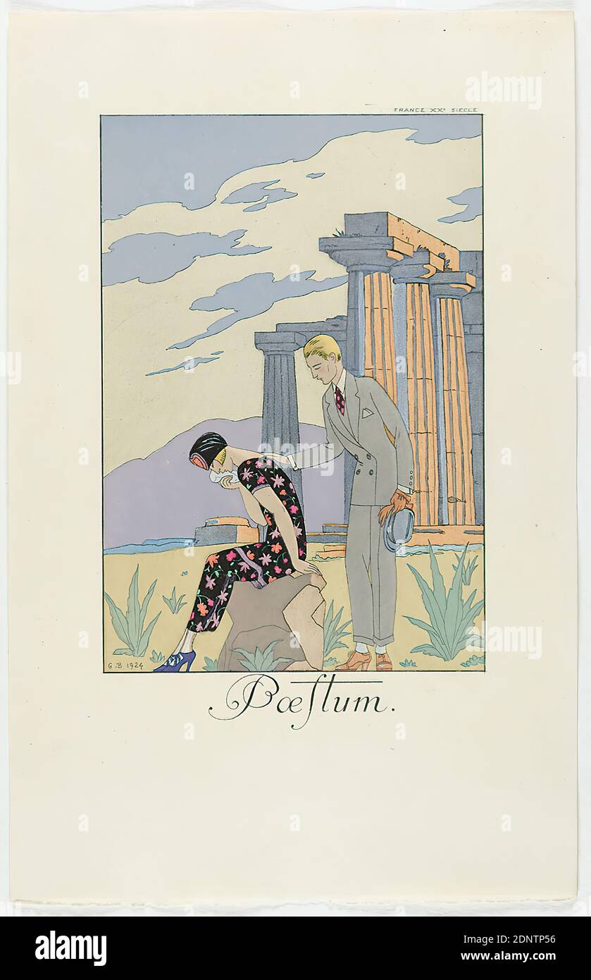 George Barbier, Meynial éditeur, Paris, Paestum, from the fashion almanac Falbalas et Fanfreluches 1925, handmade paper, opaque watercolor, etching, stencil printing (pochoir), pochoir and etching, sheet size: height: 25.3 cm; width: 16.3 cm, monogrammed, inscribed and dated: in the printing forme: G. B. 1924, Paestum, inscribed: in the printing plate: FRANCE XXe SIECLE, prints, printed matter, ruins, temples and sanctuaries (Greek religion), hist. Stock Photo
