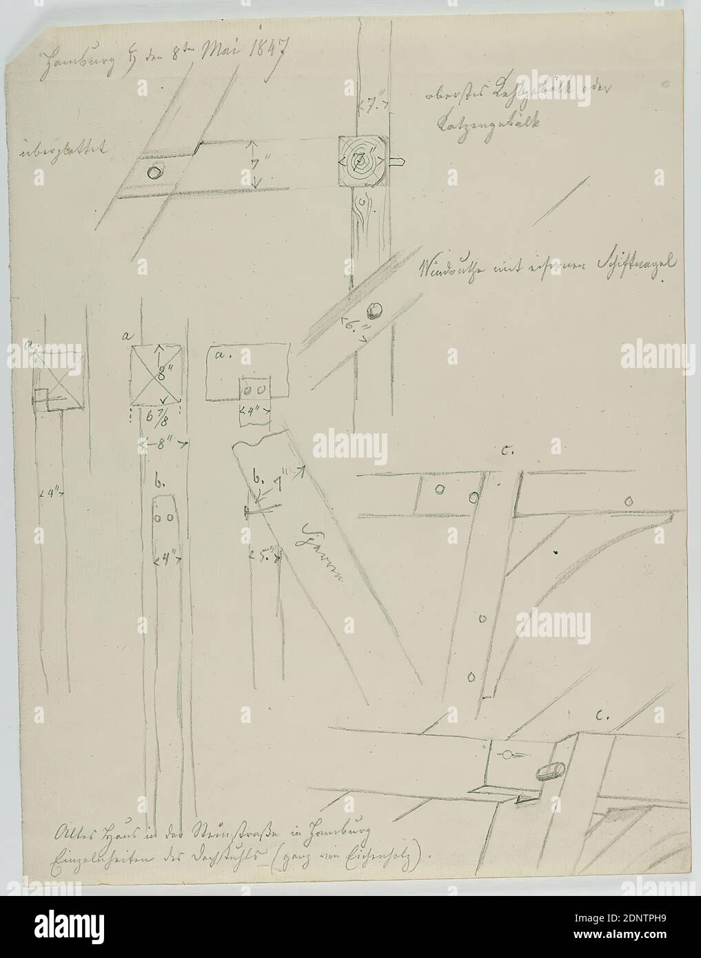 Theodor Bülau, Alter Convent, Hamburg. Details roof construction, paper, pencil, drawing, sheet size: height: 24,2 cm; width: 19 cm, inscribed and dated: recto: in lead: Hamburg [Saturnsymbol] the 8th of May 1847, inscribed: recto u.: Altes Haus in der Steinstraße in Hamburg, individual views of the roof[?] (entirely of oak wood, sketches, drawing, graphics, roof, house, building, architectural details Stock Photo