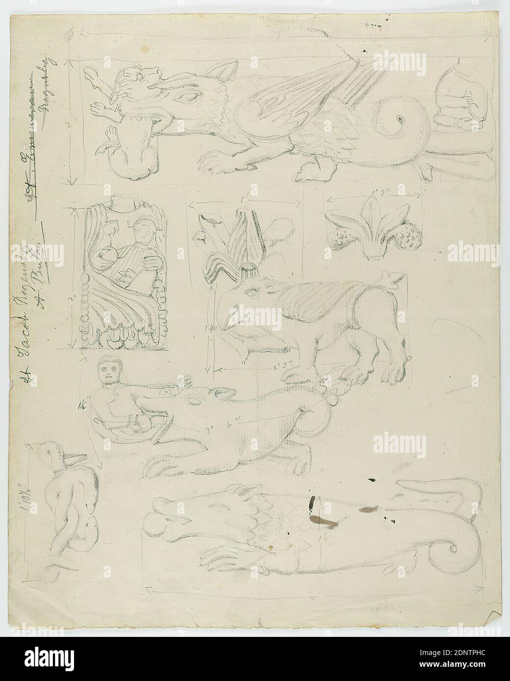 Theodor Bülau, St. Jacob, Regensburg. Figure decoration of the northern portal wall, paper, pencil, drawing, sheet size: height: 26.7 cm; width: 21.3 cm, inscribed: recto li.: in lead: St. Jacob Regensburg, drawing, graphics, facade decorations (architecture), mythical creatures, architectural details, portal (church building Stock Photo