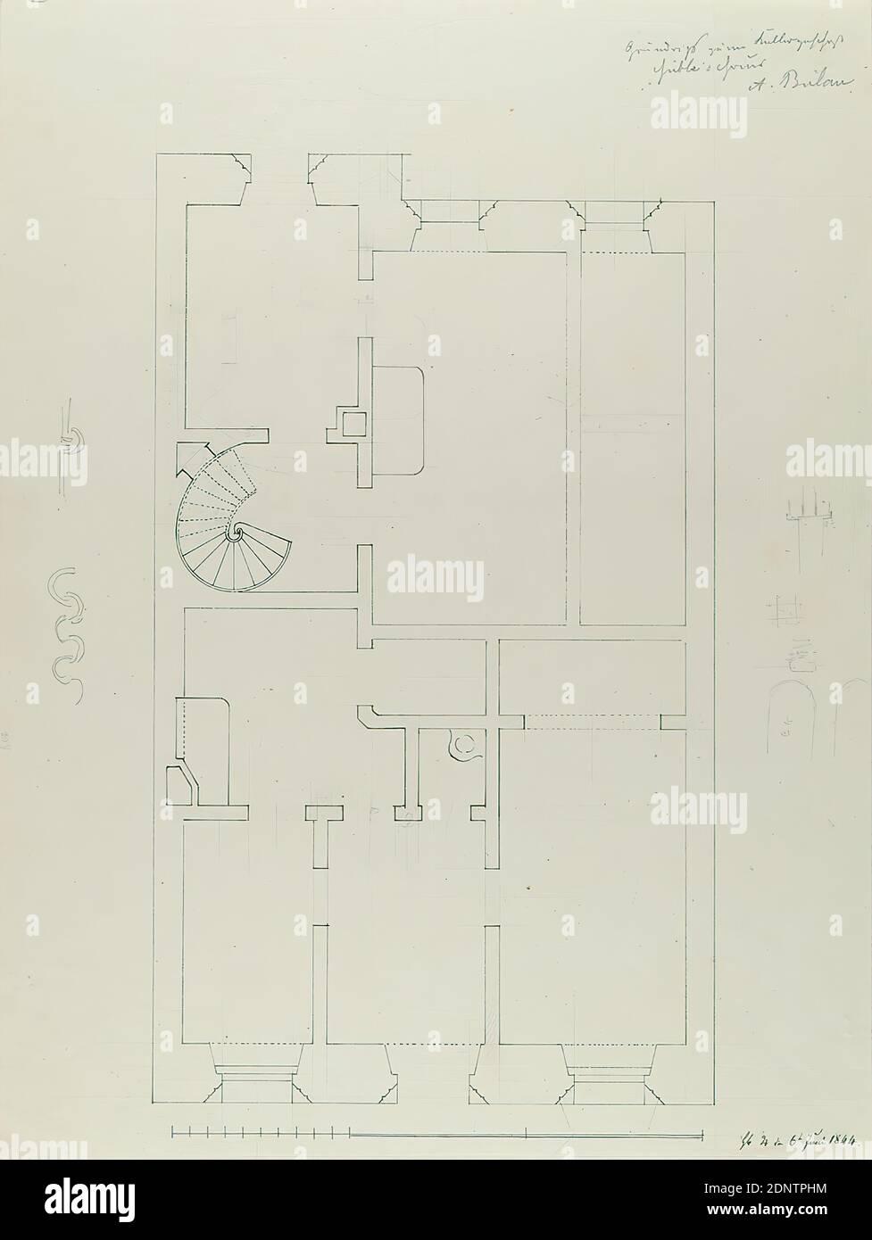 Theodor Bülau, Hübbe'sche Haus, Ferdinandstr. 65, Hamburg. Floor plan of the basement, paper, pen, ink, pencil, pen drawing, sheet size: height: 34,5 cm; width: 26 cm, inscribed and dated: recto: in ink: Hb. ♄ [Saturn symbol] the 6th of June 1844, inscribed: recto: in lead: ground plan of the basement, Hübbe's house, A. Bülau, design drawings, draft, plan of a building, basement, basement, architecture Stock Photo