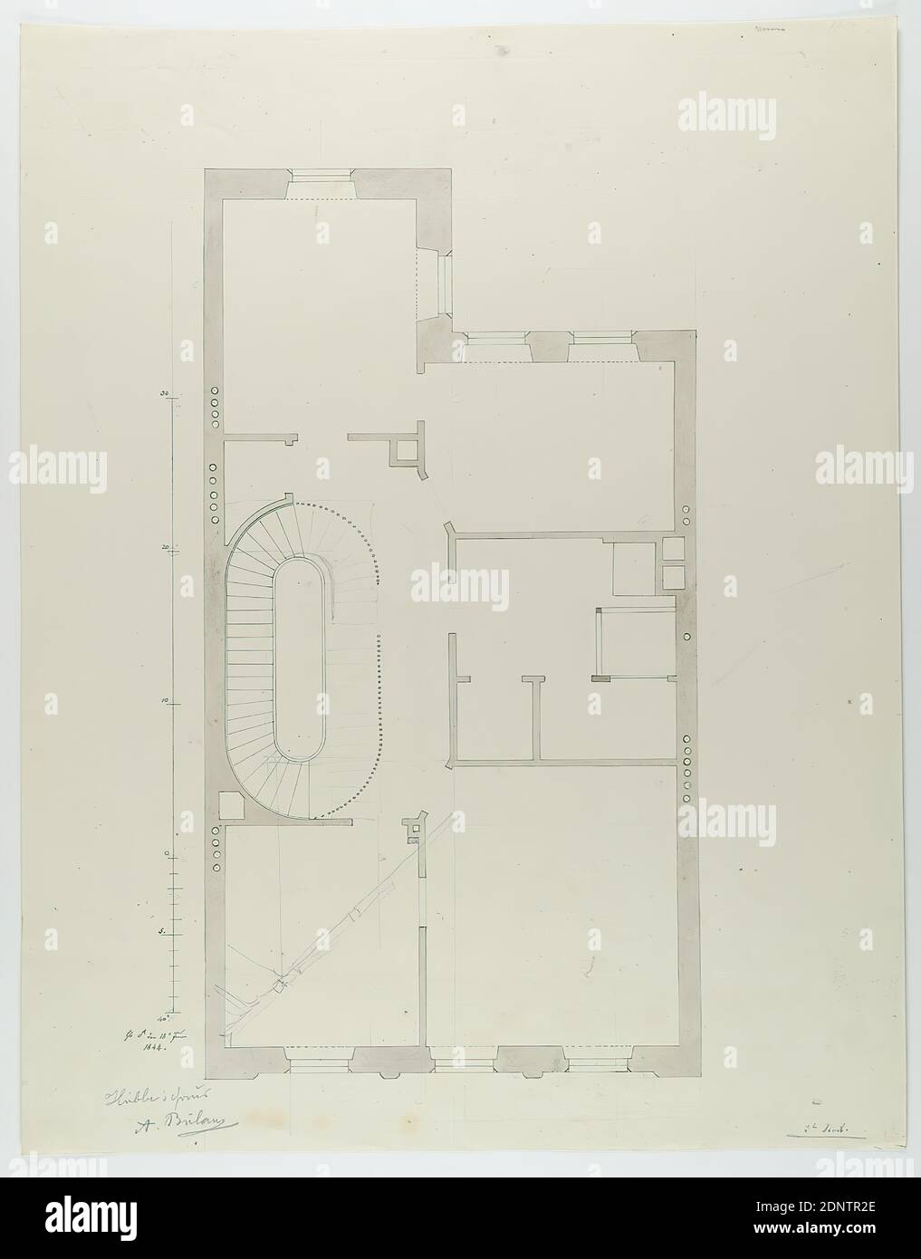 Theodor Bülau, Hübbe'sche Haus, Ferdinandstr. 65, Hamburg. Floor plan of the 3rd floor, paper, pen, ink, pencil, pen and ink drawing, washed, sheet size: height: 41.2 cm; width: 32.3 cm, inscribed and dated: recto: in ink: Hb. ♂ [Marssymbol] den 18th Juni, 1844, inscribed: recto: in lead: Hübbe's Haus, A. Bülau, design drawings, draft, plan of a building, architecture Stock Photo