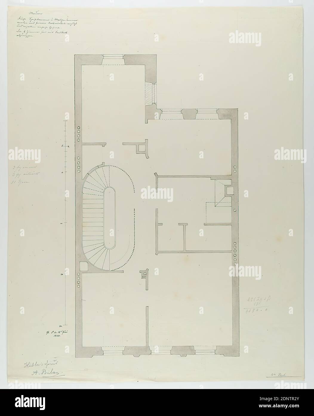 Theodor Bülau, Hübbe'sche Haus, Ferdinandstr. 65, Hamburg. Floor plan of the 3rd floor, paper, pen, ink, pencil, pen and ink drawing, washed, sheet size: height: 41.2 cm; width: 32.3 cm, inscribed and dated: recto: in ink: Hb. ♂ [Marssymbol] den 18th Juni, 1844, inscribed: recto: in lead: Hübbe's Haus, A. Bülau, design drawings, draft, plan of a building, architecture Stock Photo