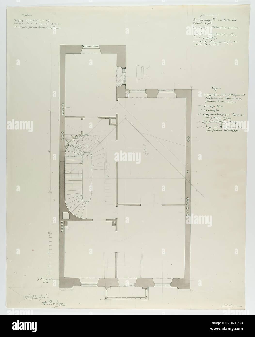 Theodor Bülau, Hübbe'sche Haus, Ferdinandstr. 65, Hamburg. Floor plan of the 1st floor, paper, pen, ink, pencil, pen and ink drawings, washed, sheet size: height: 41.2 cm; width: 32.6 cm, inscribed and dated: recto: in ink: Hb. ♂ [Marssymbol] the 18th of June, 1844, inscribed: recto: in lead: Hübbe Haus, A. Bülau, design drawings, draft, plan of a building, architecture Stock Photo