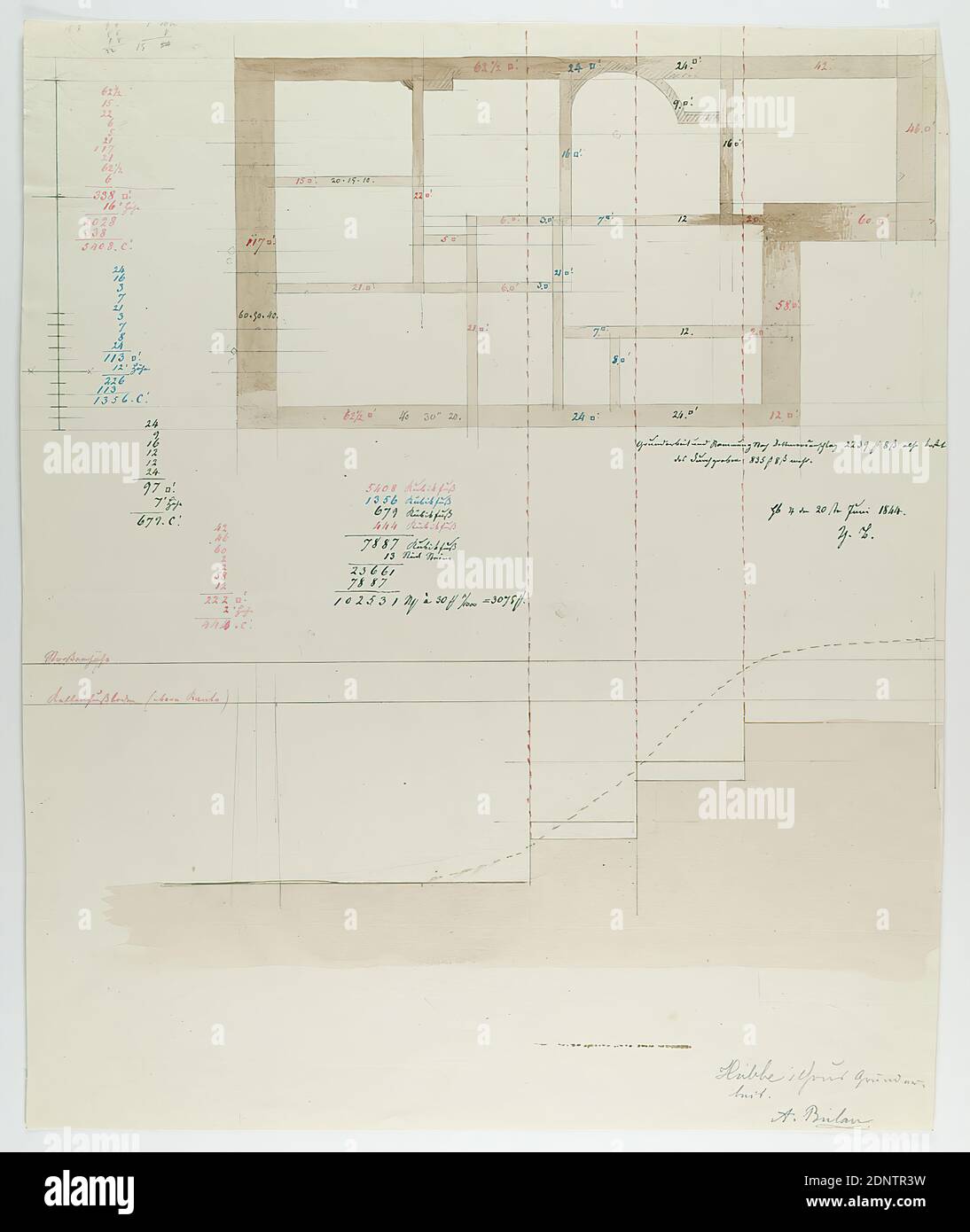 Theodor Bülau, Hübbe'sche Haus, Ferdinandstr. 65, Hamburg. Floor plan of the foundation walls, paper, pen, ink, pencil, pen and ink drawing, washed, sheet size: height: 40 cm; width: 32,8 cm, signed, dated and inscribed: recto: in ink: Hb. ♃ [Jupiter symbol] the 20th of June 1844, Th. B, inscribed: recto: in lead: Hübbe Haus, Grundarbeit. A. Bülau, design drawings, section through an architecture, draft, plan of a building Stock Photo